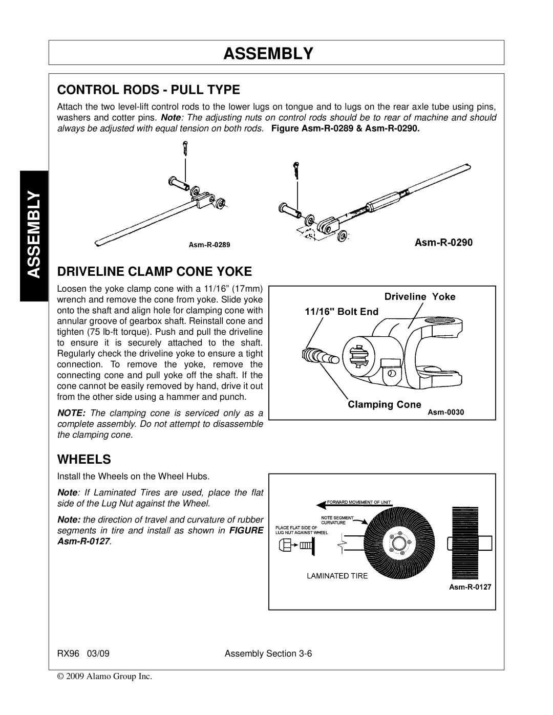 Alamo RX96 manual Control Rods Pull Type, Driveline Clamp Cone Yoke, Wheels 