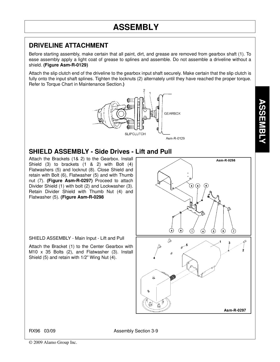 Alamo RX96 manual Driveline Attachment, Shield Assembly Side Drives Lift and Pull 