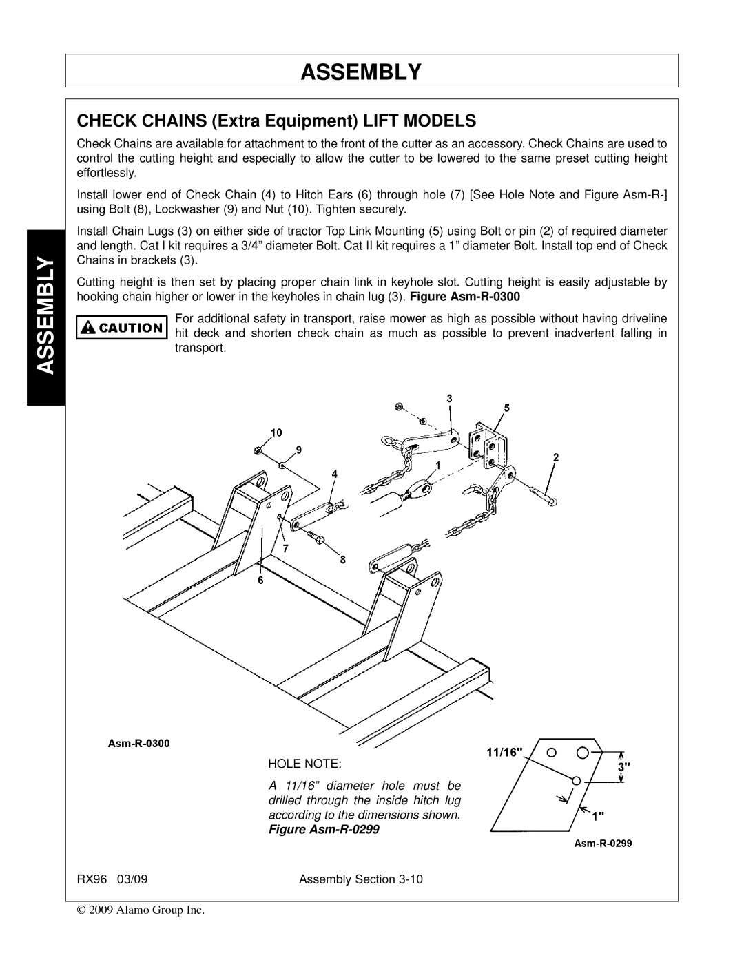 Alamo RX96 manual Check Chains Extra Equipment Lift Models, Figure Asm-R-0299 