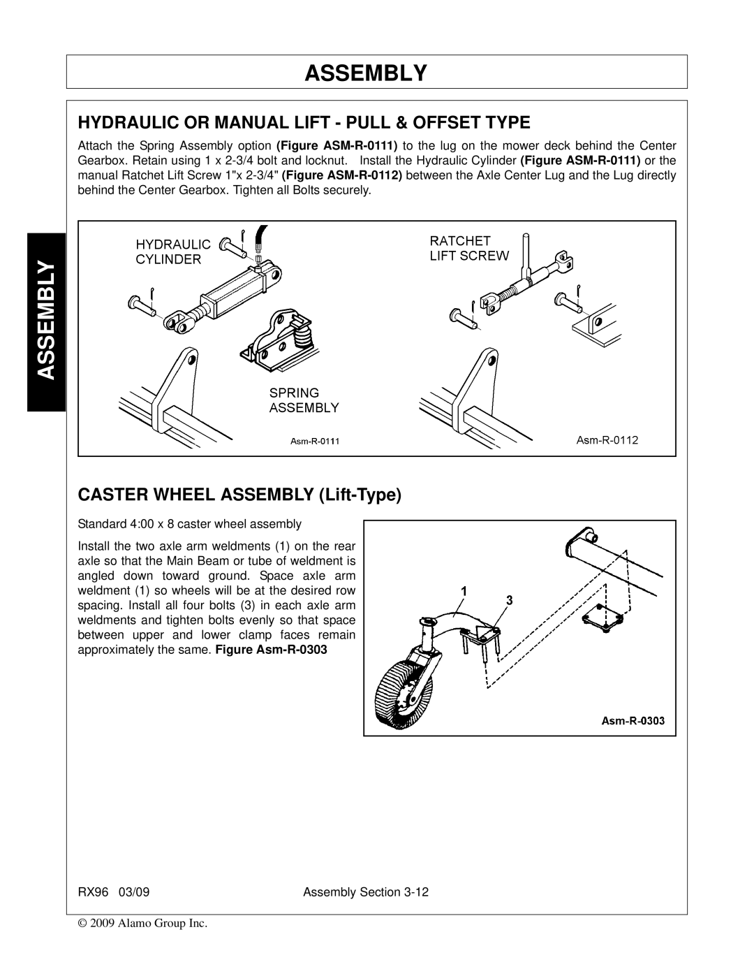 Alamo RX96 manual Hydraulic or Manual Lift Pull & Offset Type, Caster Wheel Assembly Lift-Type 