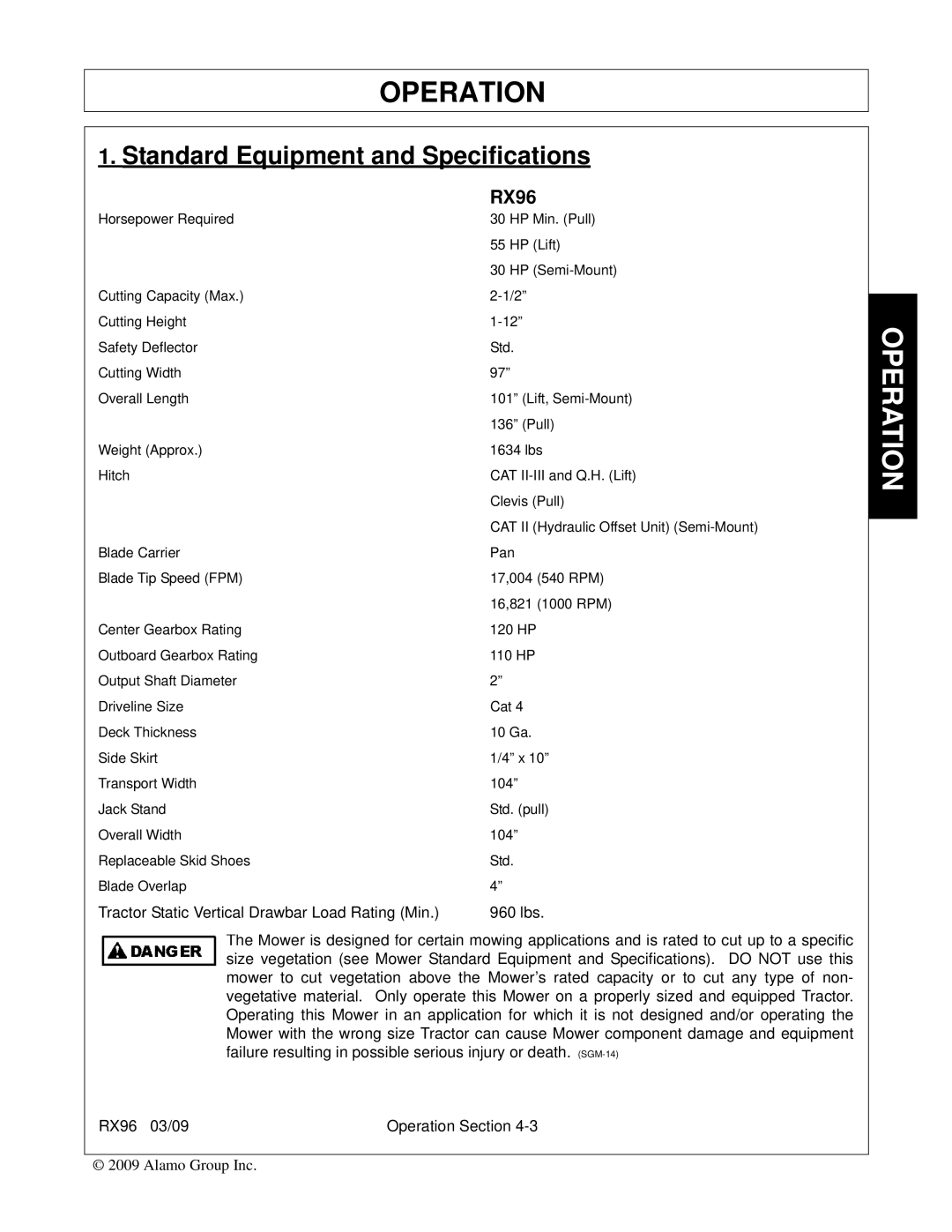 Alamo RX96 manual Operation 