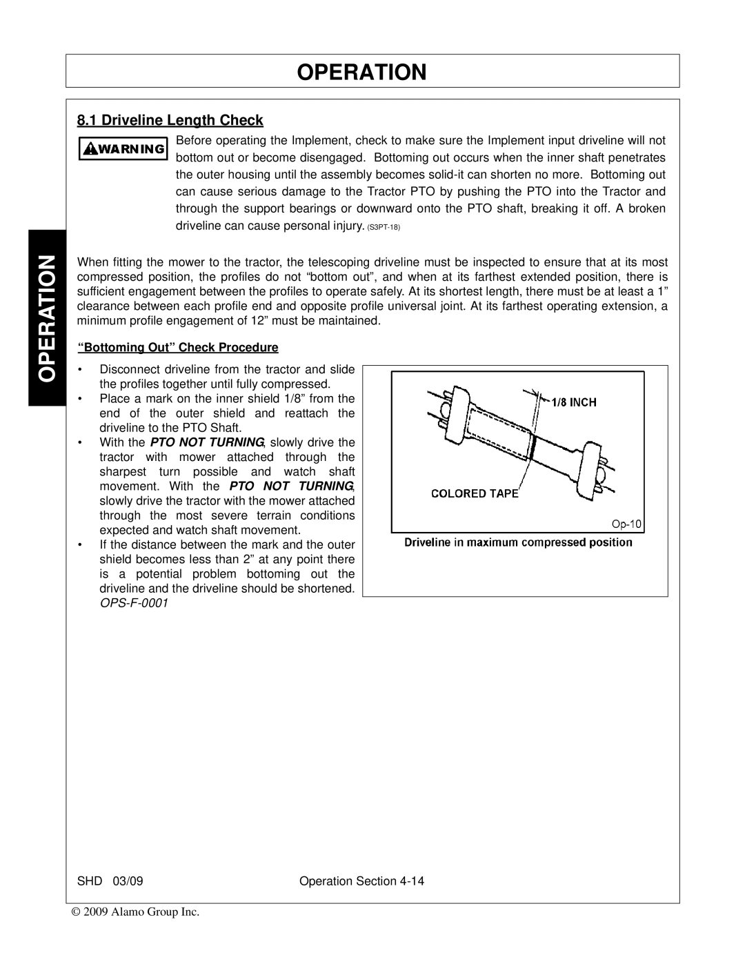 Alamo SHD96, SHD74, SHD62, SHD88 manual Driveline Length Check, Bottoming Out Check Procedure 