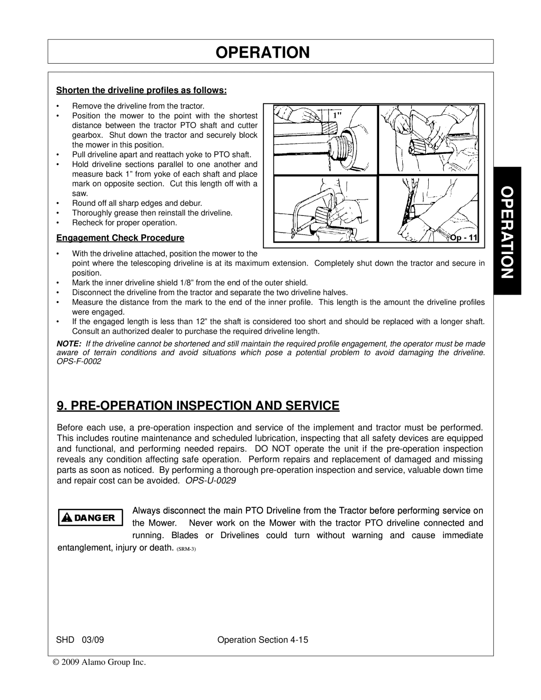 Alamo SHD74, SHD96, SHD62, SHD88 manual PRE-OPERATION Inspection and Service, Shorten the driveline profiles as follows 