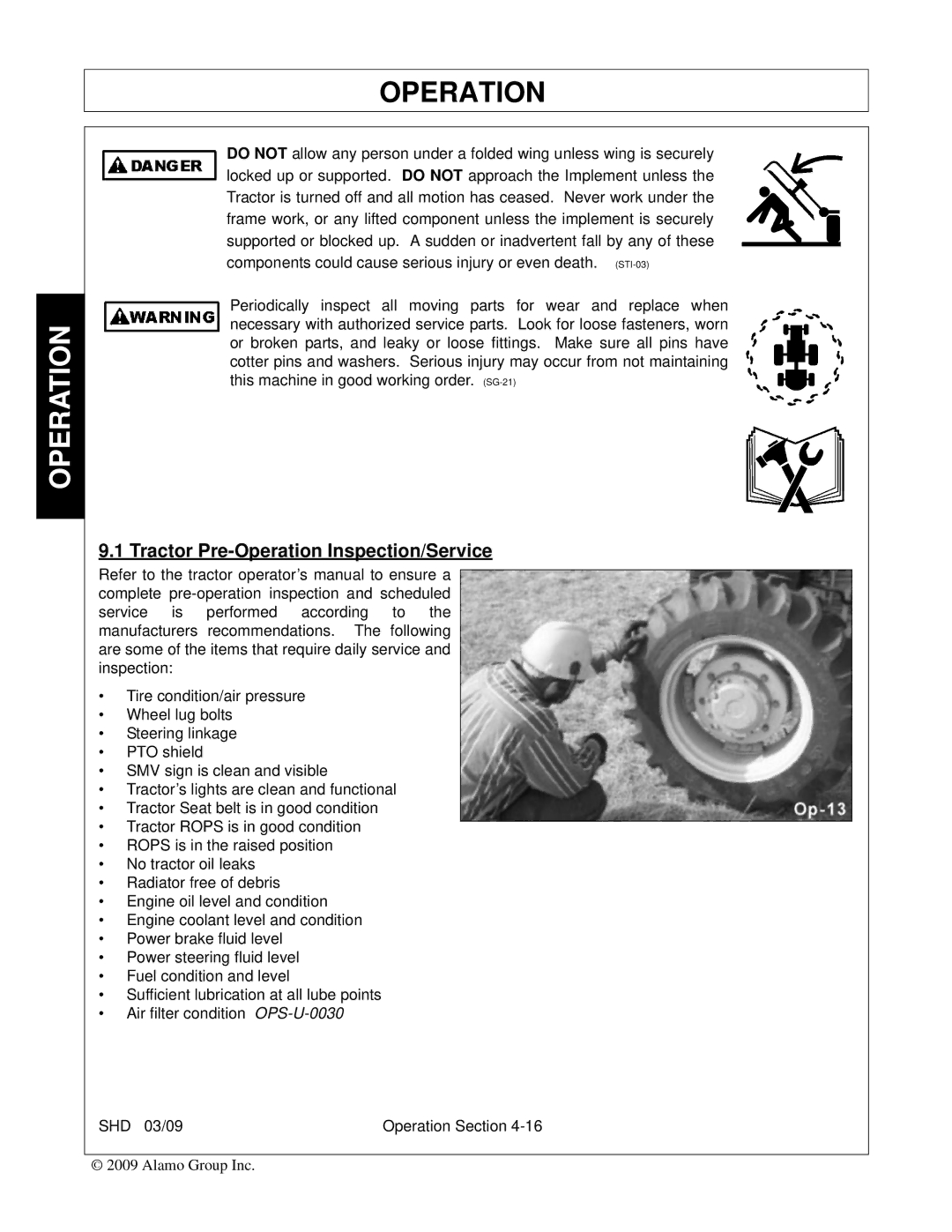 Alamo SHD62, SHD96, SHD74, SHD88 manual Tractor Pre-Operation Inspection/Service 