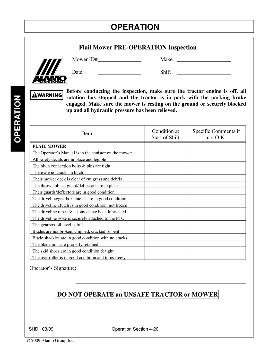 Alamo SHD62, SHD96, SHD74, SHD88 manual Do not Operate an Unsafe Tractor or Mower 