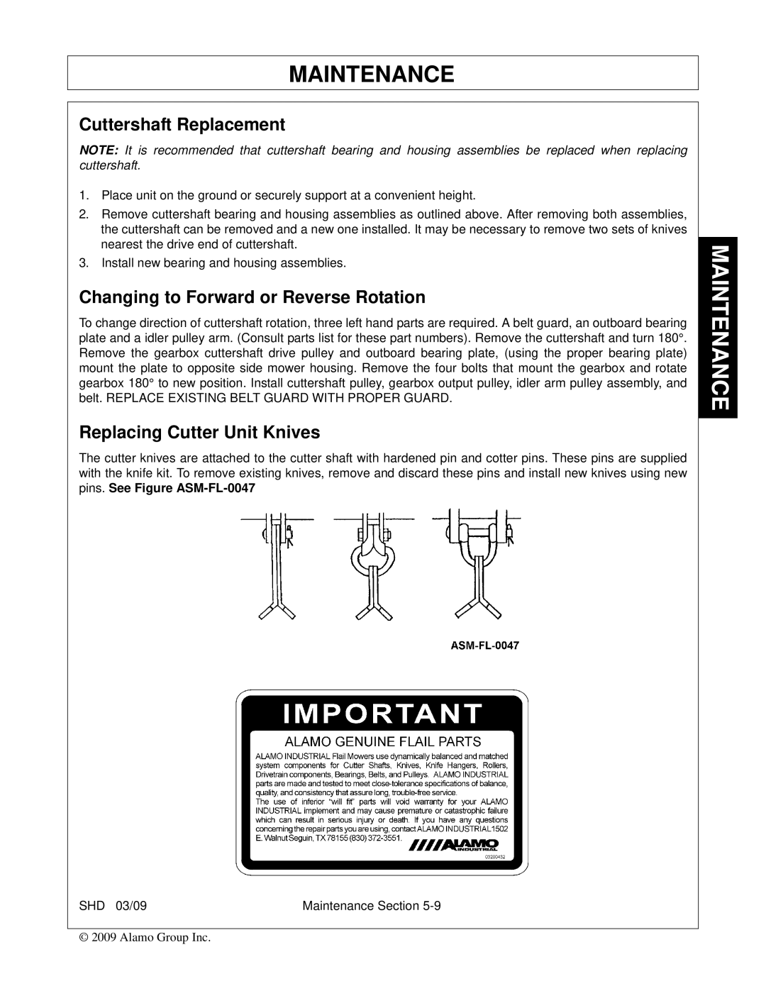 Alamo SHD88, SHD96, SHD74 Cuttershaft Replacement, Changing to Forward or Reverse Rotation, Replacing Cutter Unit Knives 