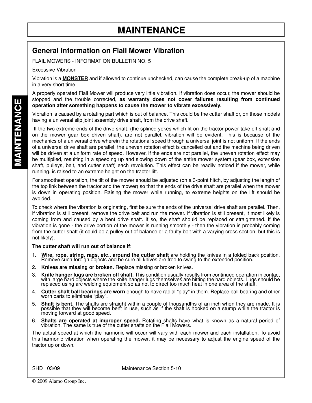 Alamo SHD96, SHD74, SHD62, SHD88 manual General Information on Flail Mower Vibration 