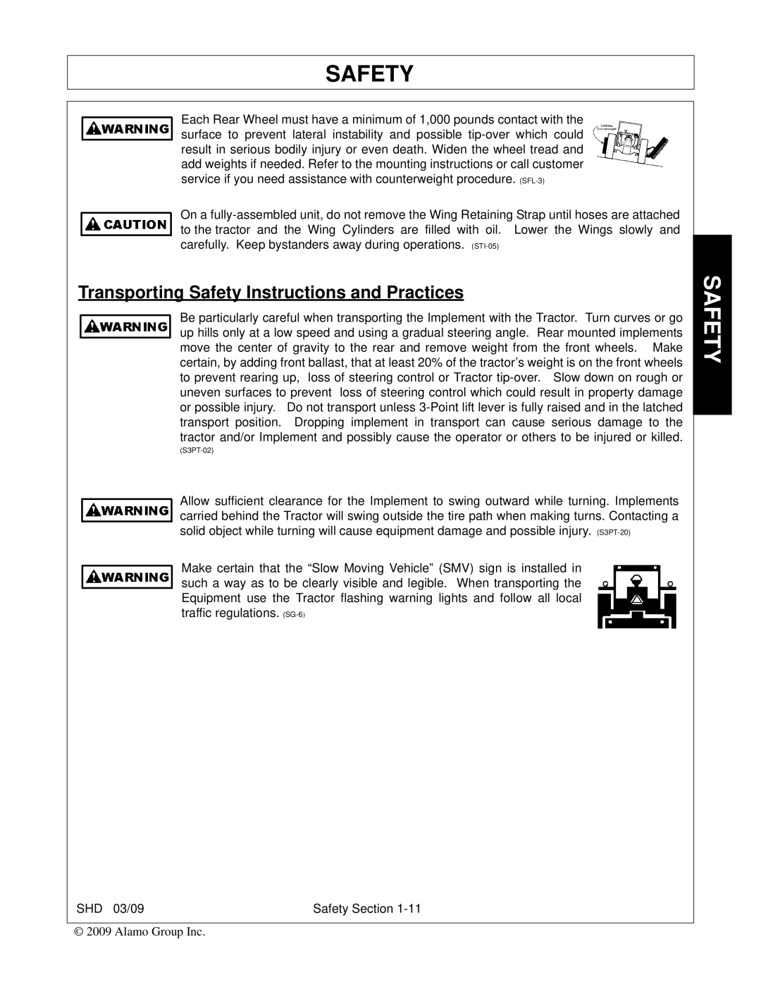 Alamo SHD74, SHD96, SHD62, SHD88 manual Transporting Safety Instructions and Practices 