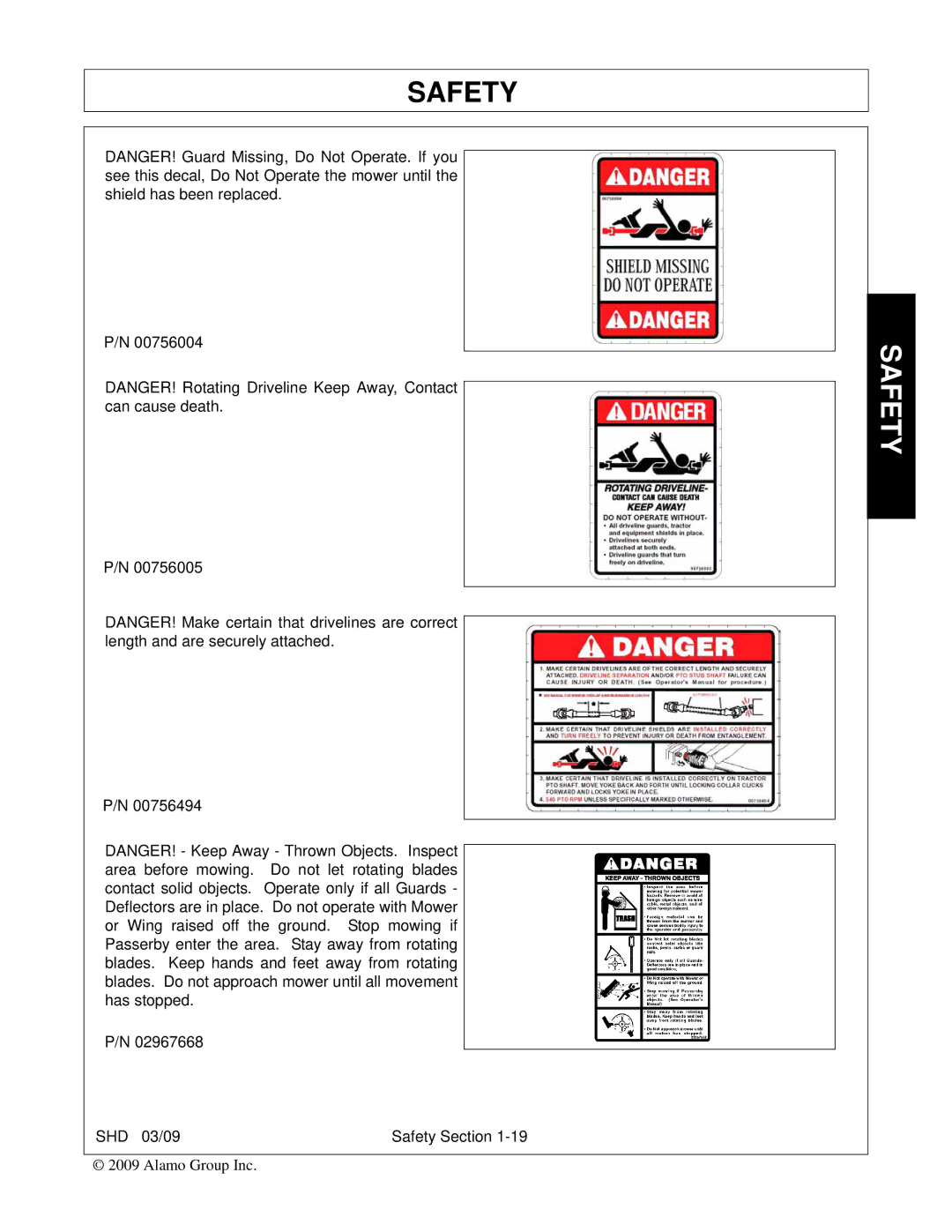 Alamo SHD74, SHD96, SHD62, SHD88 manual SHD 03/09 Safety Section 