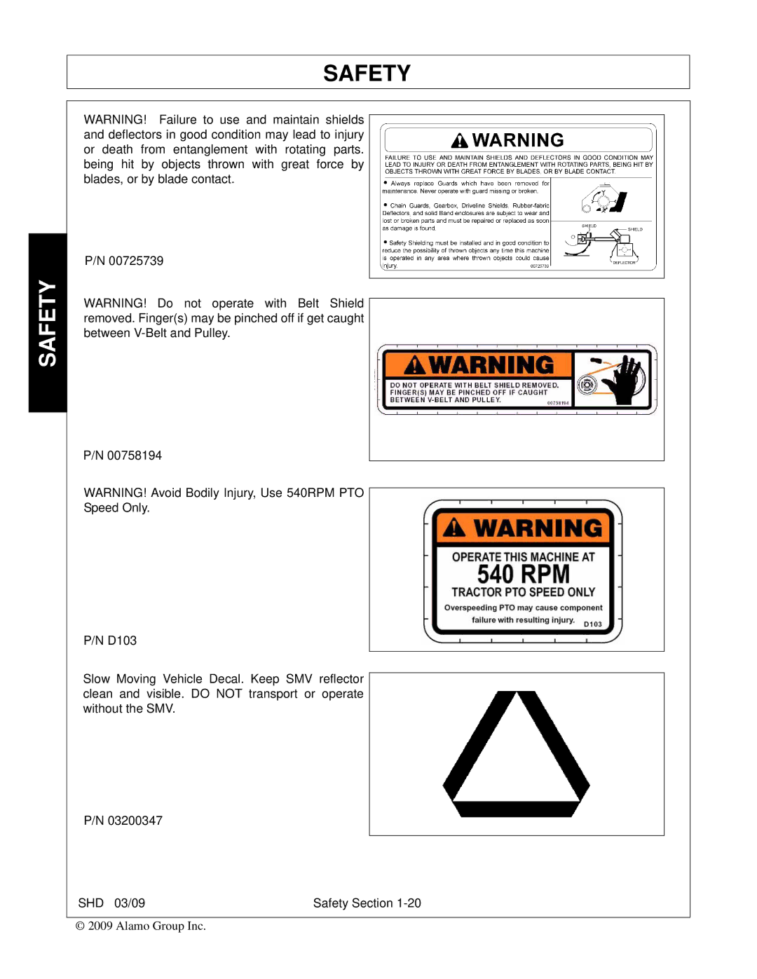 Alamo SHD62, SHD96, SHD74, SHD88 manual Safety 