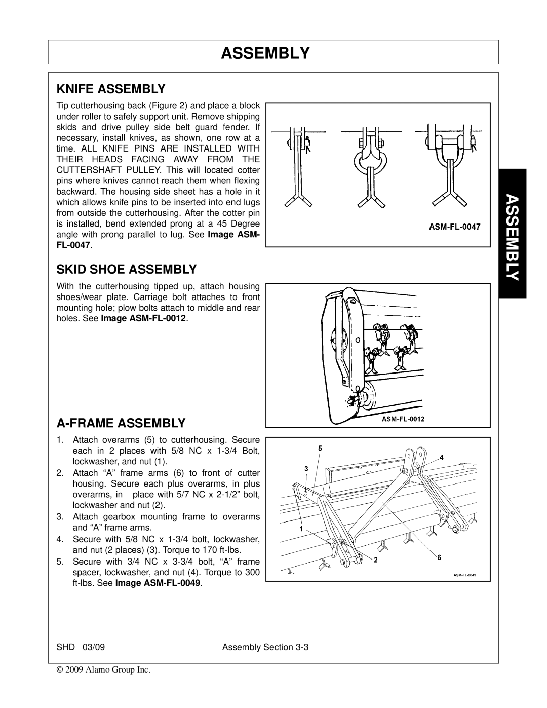 Alamo SHD74, SHD96, SHD62, SHD88 manual Knife Assembly, Skid Shoe Assembly, Frame Assembly 