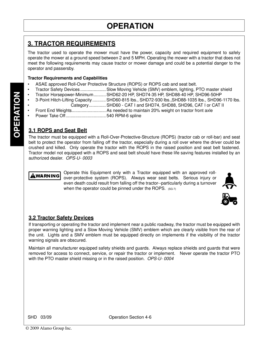 Alamo SHD96, SHD74, SHD62, SHD88 manual Tractor Requirements, Rops and Seat Belt, Tractor Safety Devices 