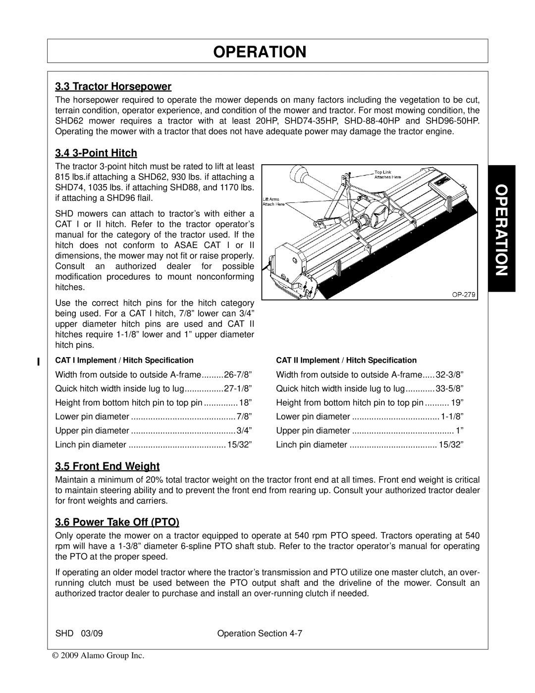Alamo SHD74, SHD96, SHD62, SHD88 manual Tractor Horsepower, Point Hitch, Front End Weight, Power Take Off PTO 