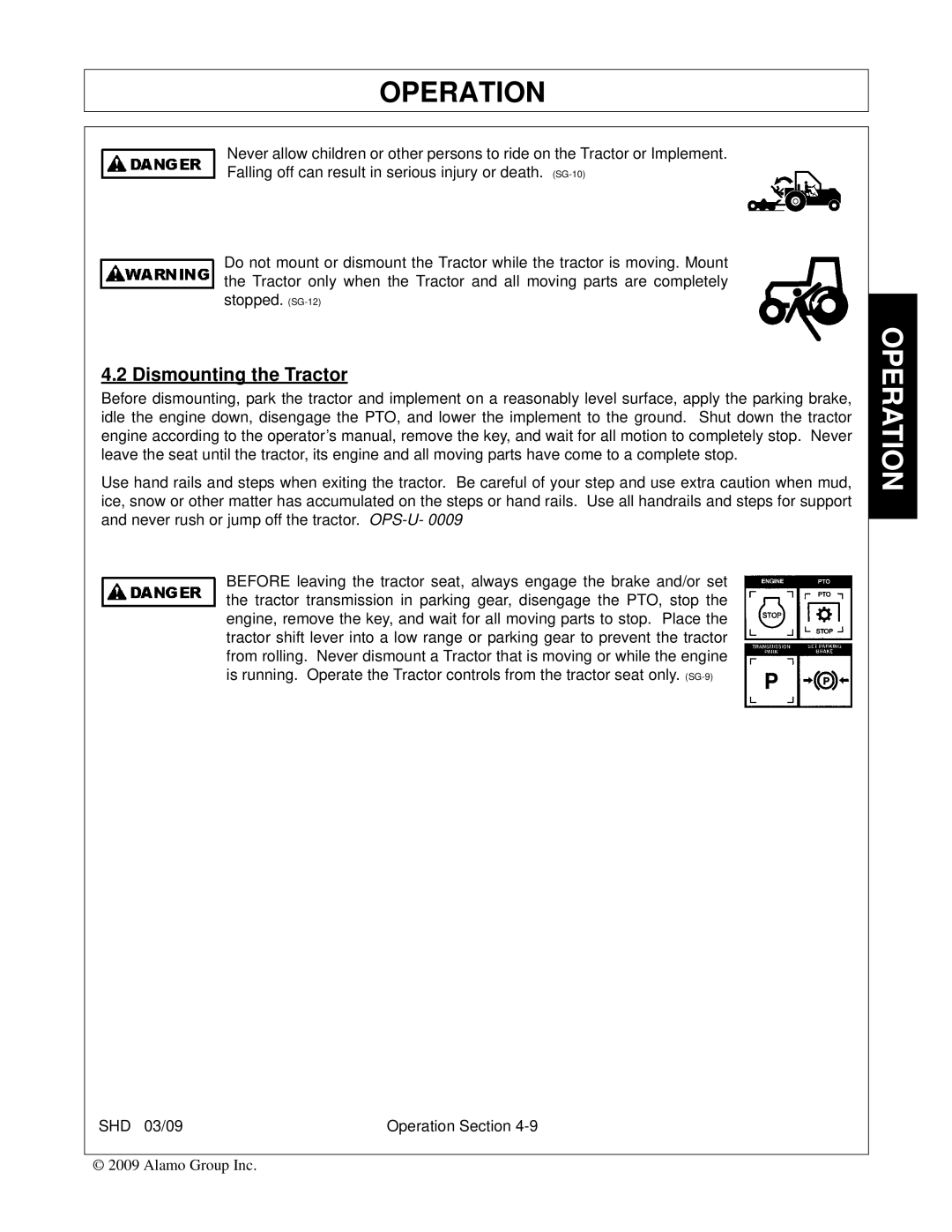 Alamo SHD88, SHD96, SHD74, SHD62 manual Dismounting the Tractor 