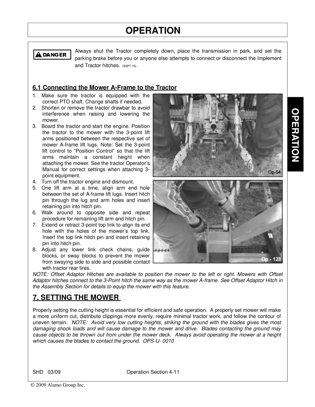 Alamo SHD74, SHD96, SHD62, SHD88 manual Setting the Mower, Connecting the Mower A-Frame to the Tractor 