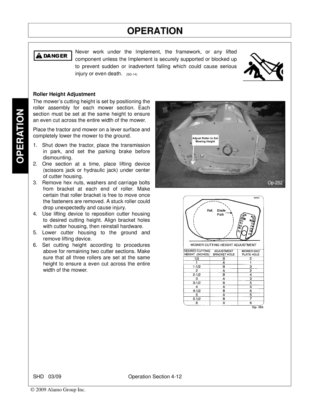 Alamo SHD62, SHD96, SHD74, SHD88 manual Roller Height Adjustment 