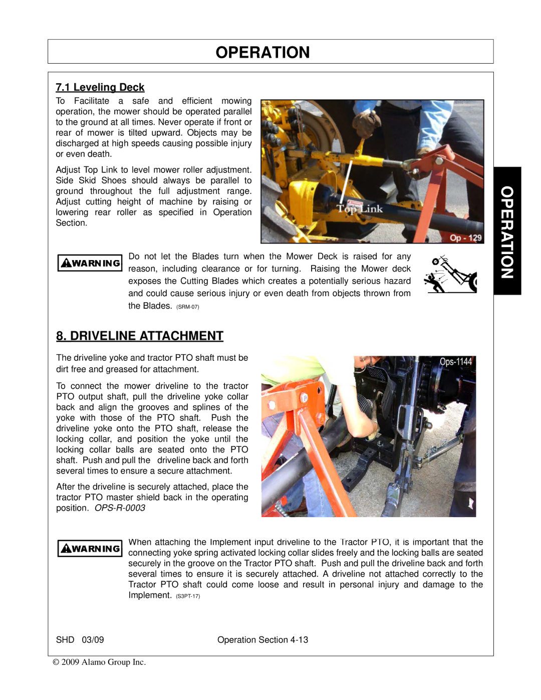 Alamo SHD88, SHD96, SHD74, SHD62 manual Driveline Attachment, Leveling Deck 