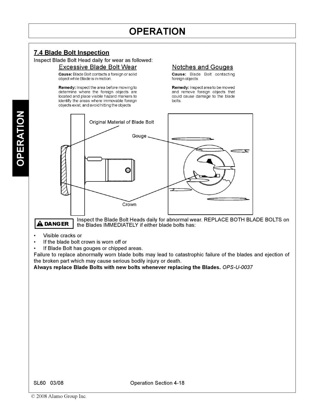 Alamo SL60 manual Blade Bolt Inspection 