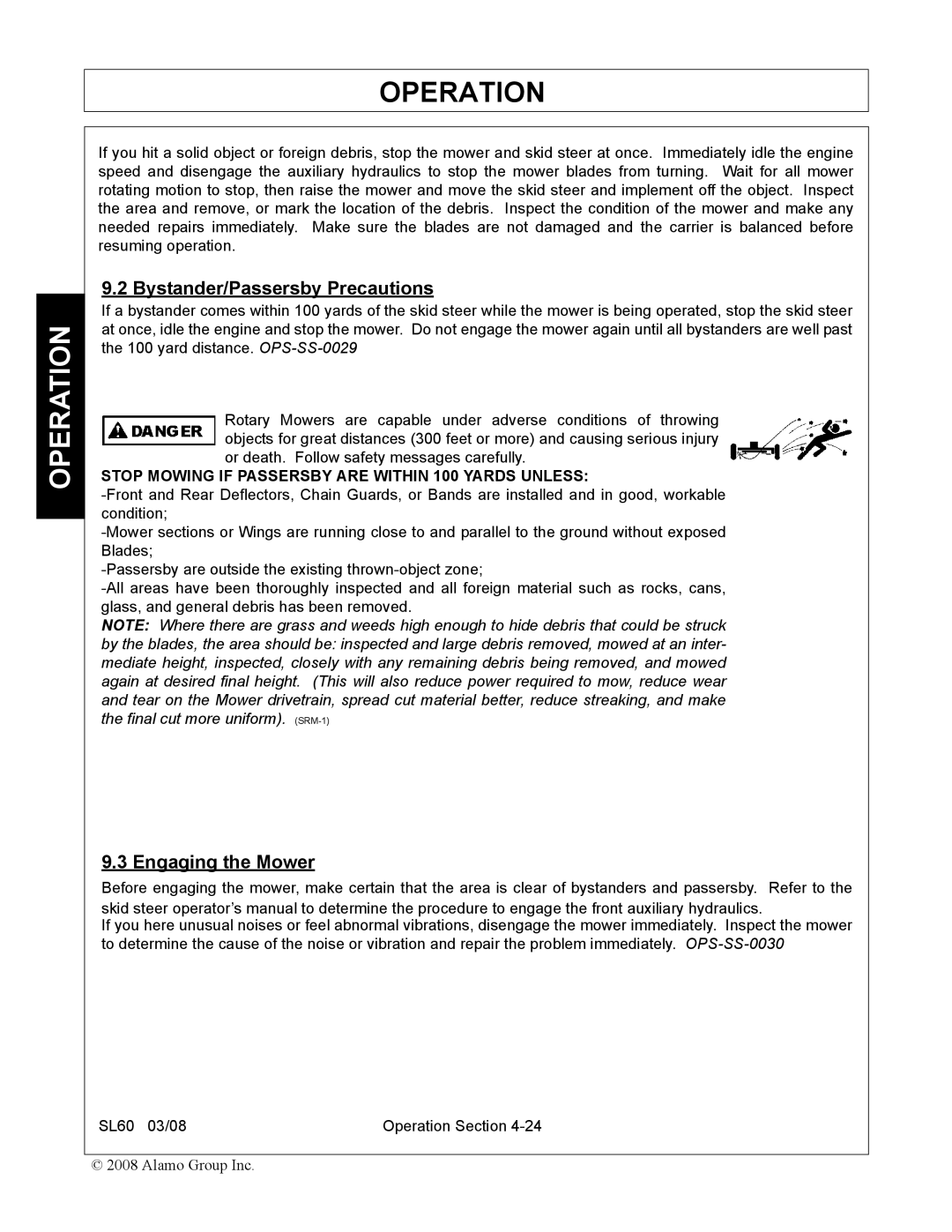 Alamo SL60 manual Bystander/Passersby Precautions, Engaging the Mower 