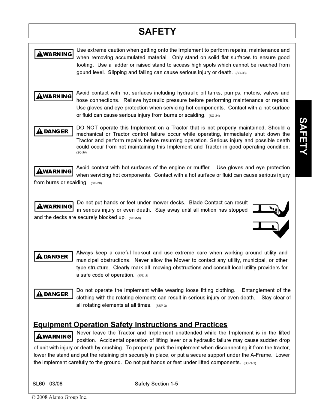 Alamo SL60 manual Equipment Operation Safety Instructions and Practices 