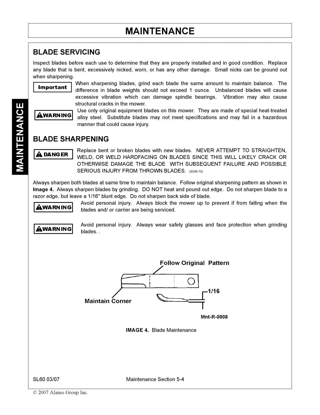 Alamo SL60 manual Blade Servicing, Blade Sharpening 