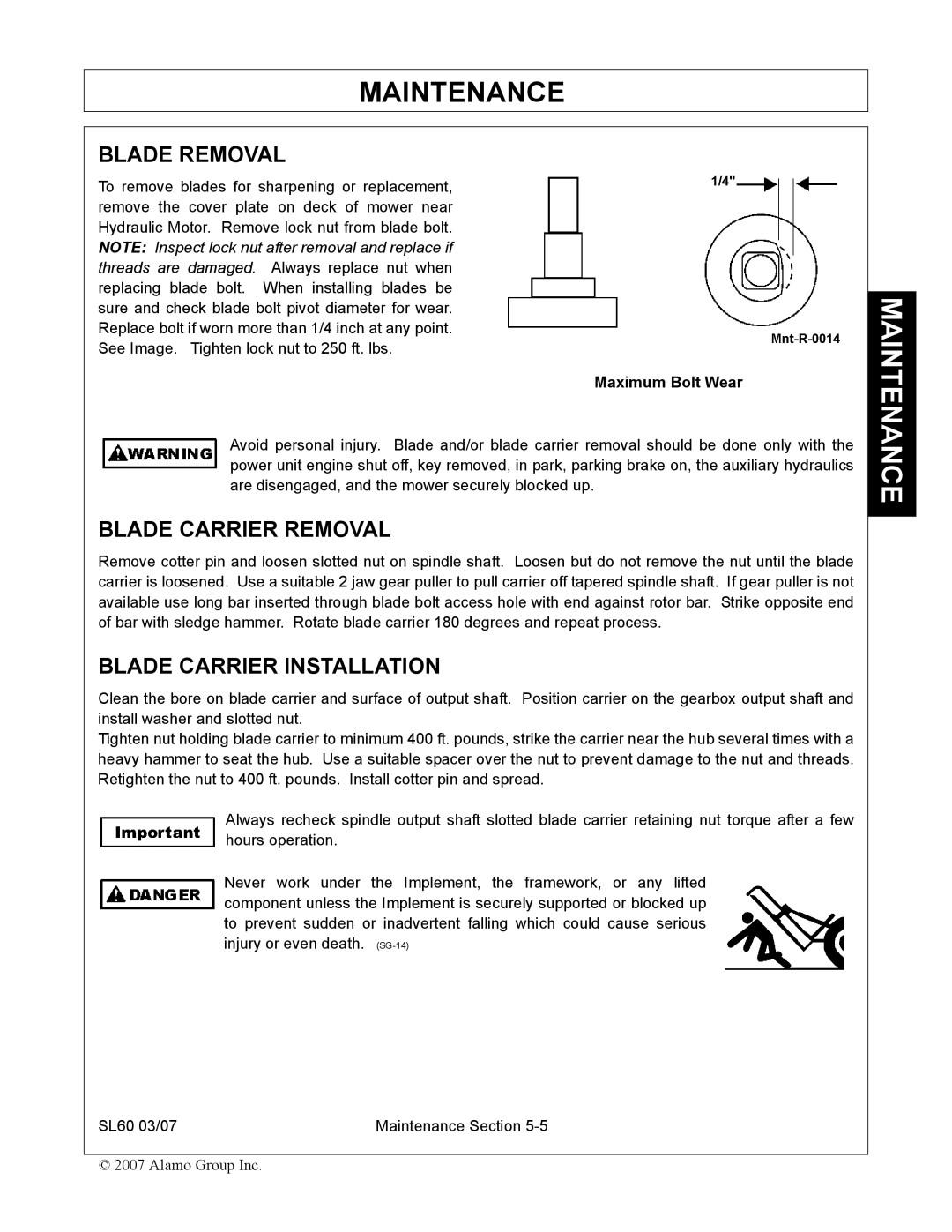 Alamo SL60 manual Maintenance 