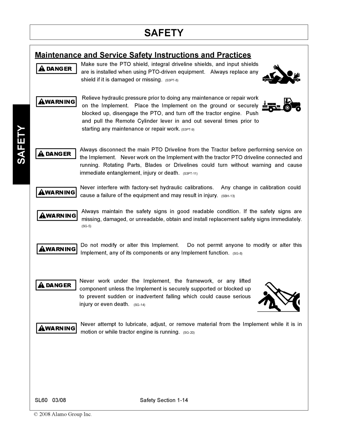 Alamo SL60 manual Maintenance and Service Safety Instructions and Practices 