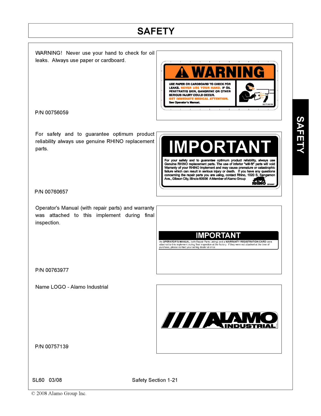 Alamo SL60 manual Safety 