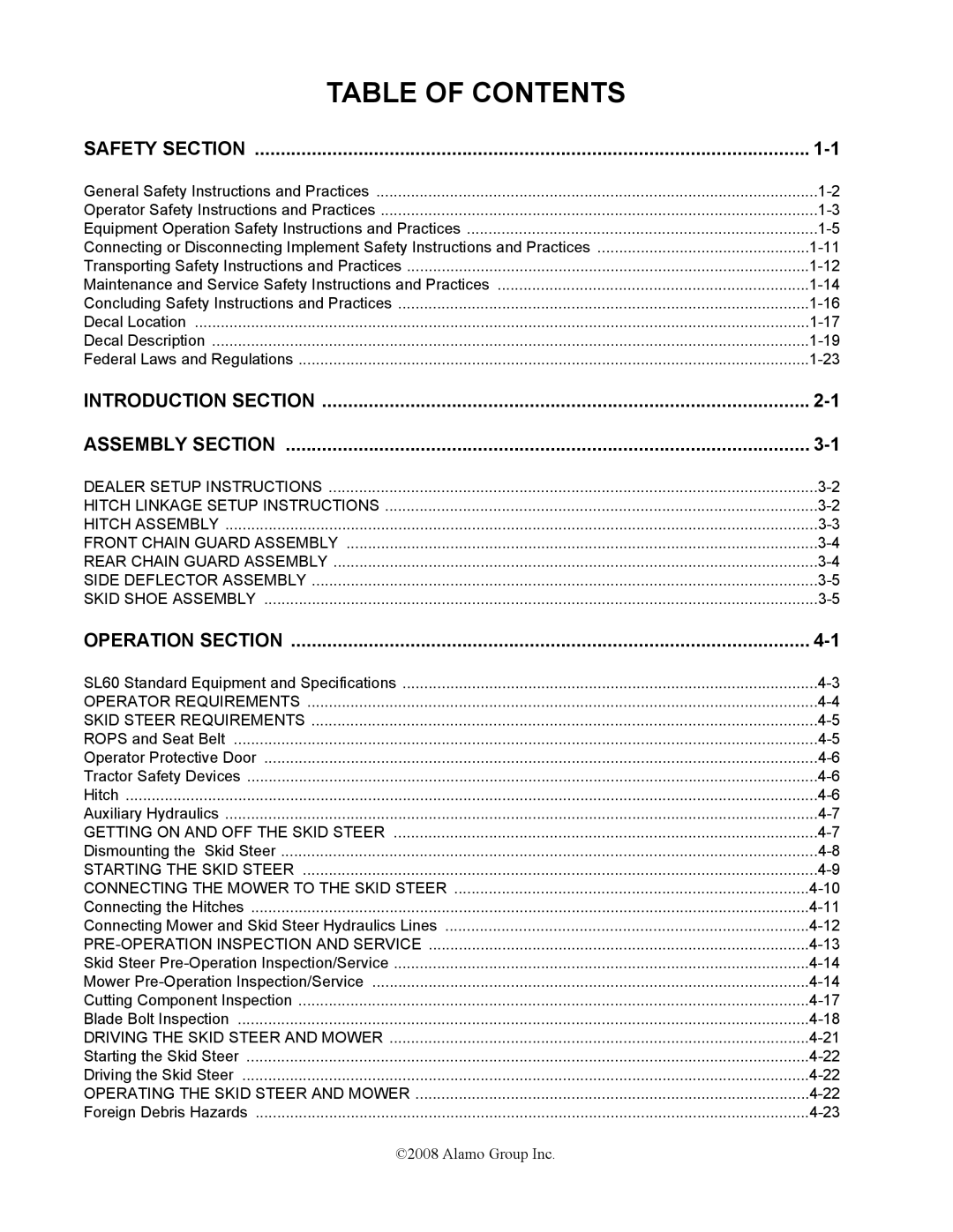 Alamo SL60 manual Table of Contents 