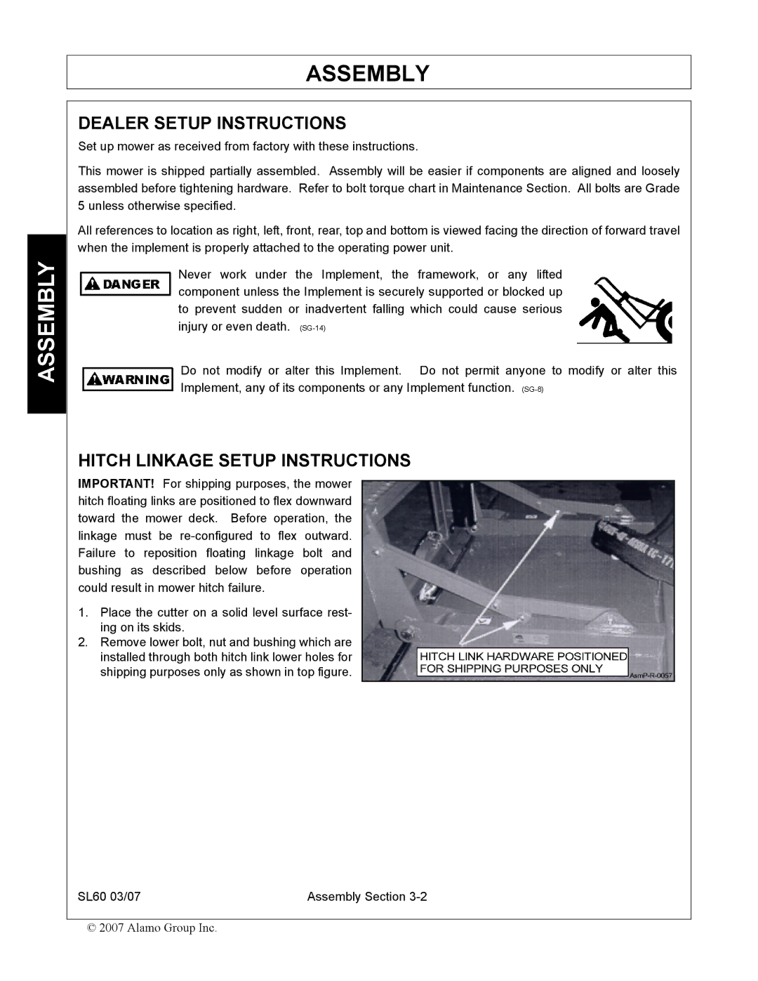 Alamo SL60 manual Dealer Setup Instructions, Hitch Linkage Setup Instructions 