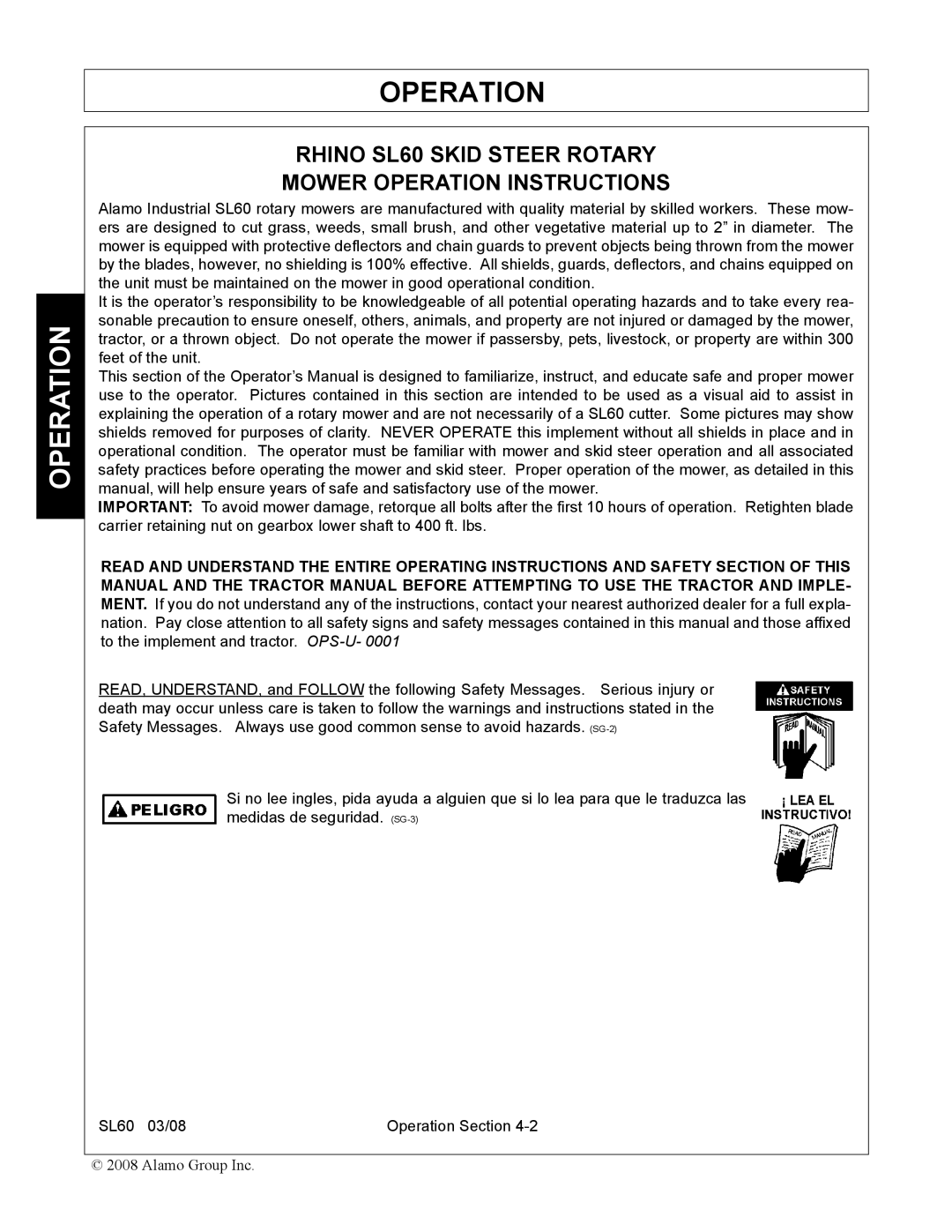 Alamo manual Rhino SL60 Skid Steer Rotary Mower Operation Instructions 