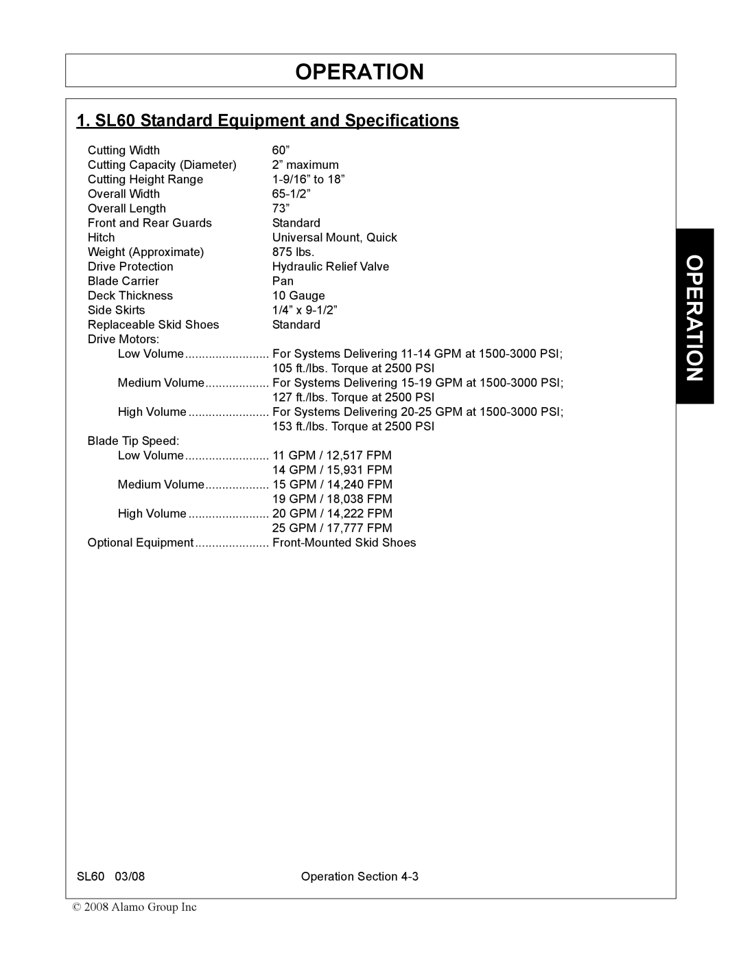 Alamo manual SL60 Standard Equipment and Specifications 