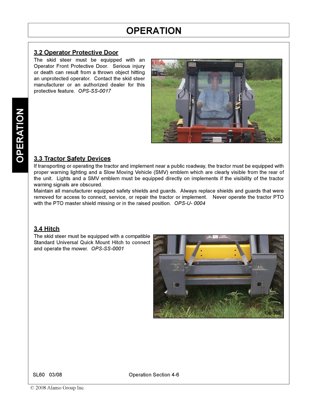 Alamo SL60 manual Operator Protective Door, Tractor Safety Devices, Hitch 