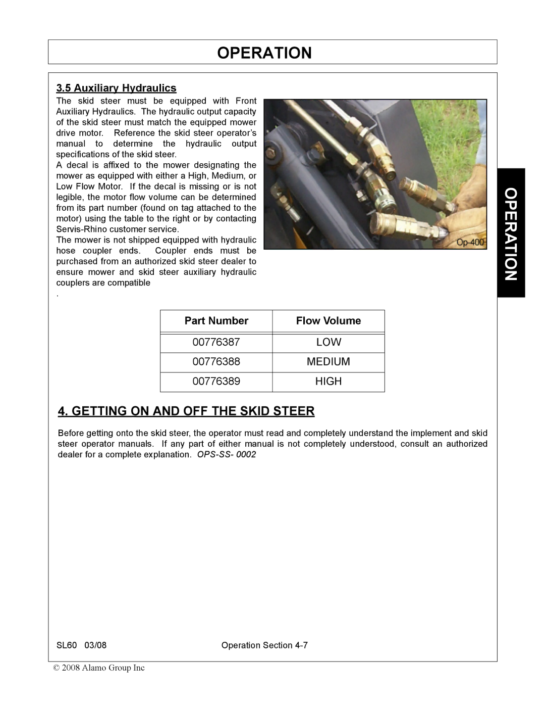 Alamo SL60 manual Getting on and OFF the Skid Steer, Auxiliary Hydraulics, Part Number Flow Volume 