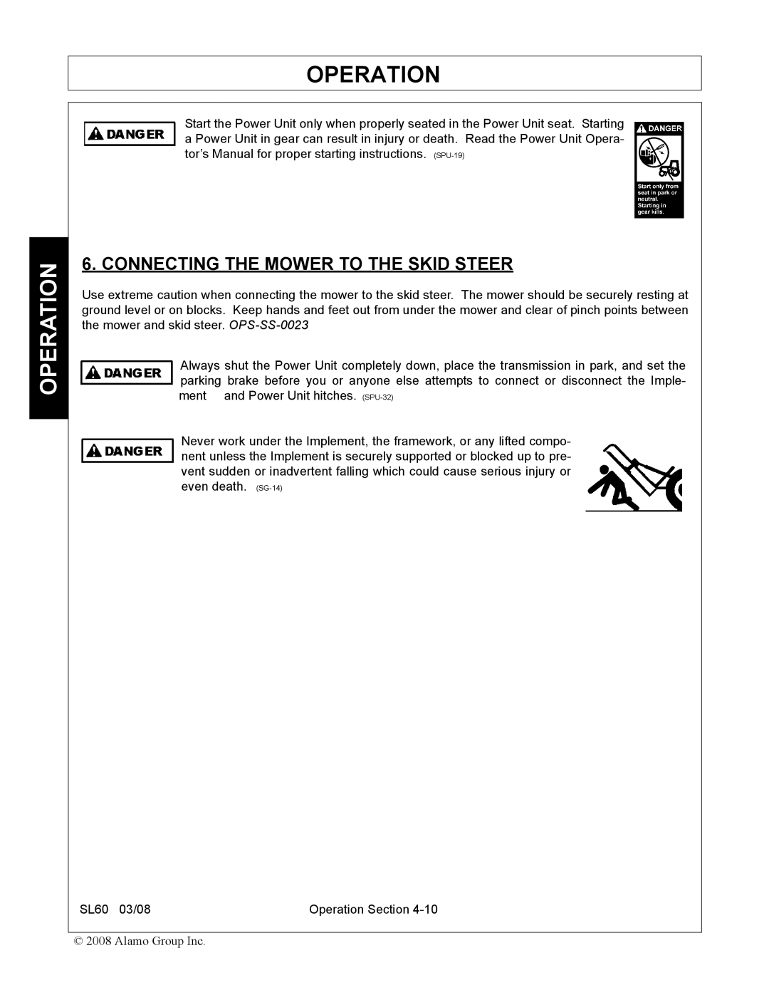 Alamo SL60 manual Connecting the Mower to the Skid Steer 