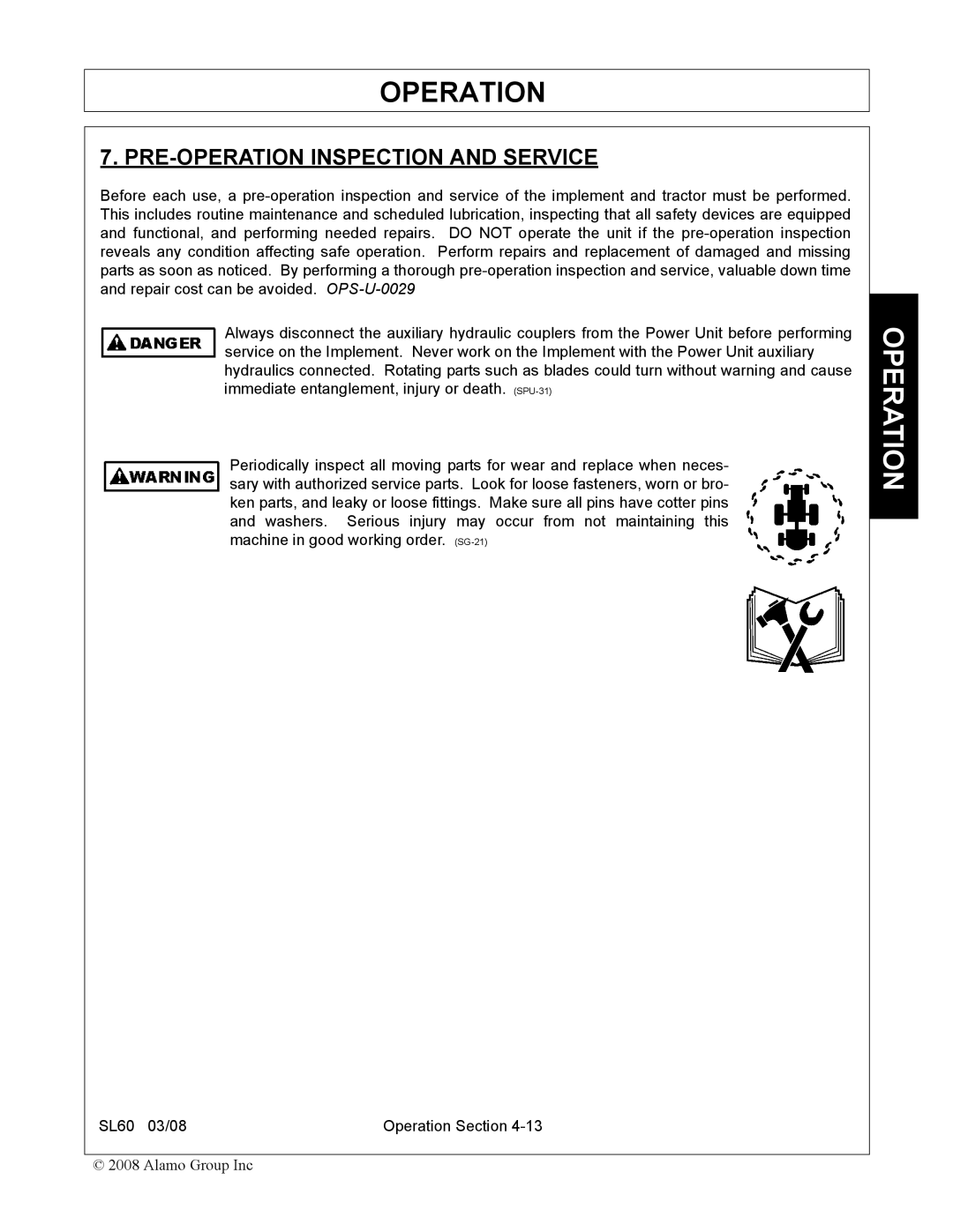 Alamo SL60 manual PRE-OPERATION Inspection and Service 