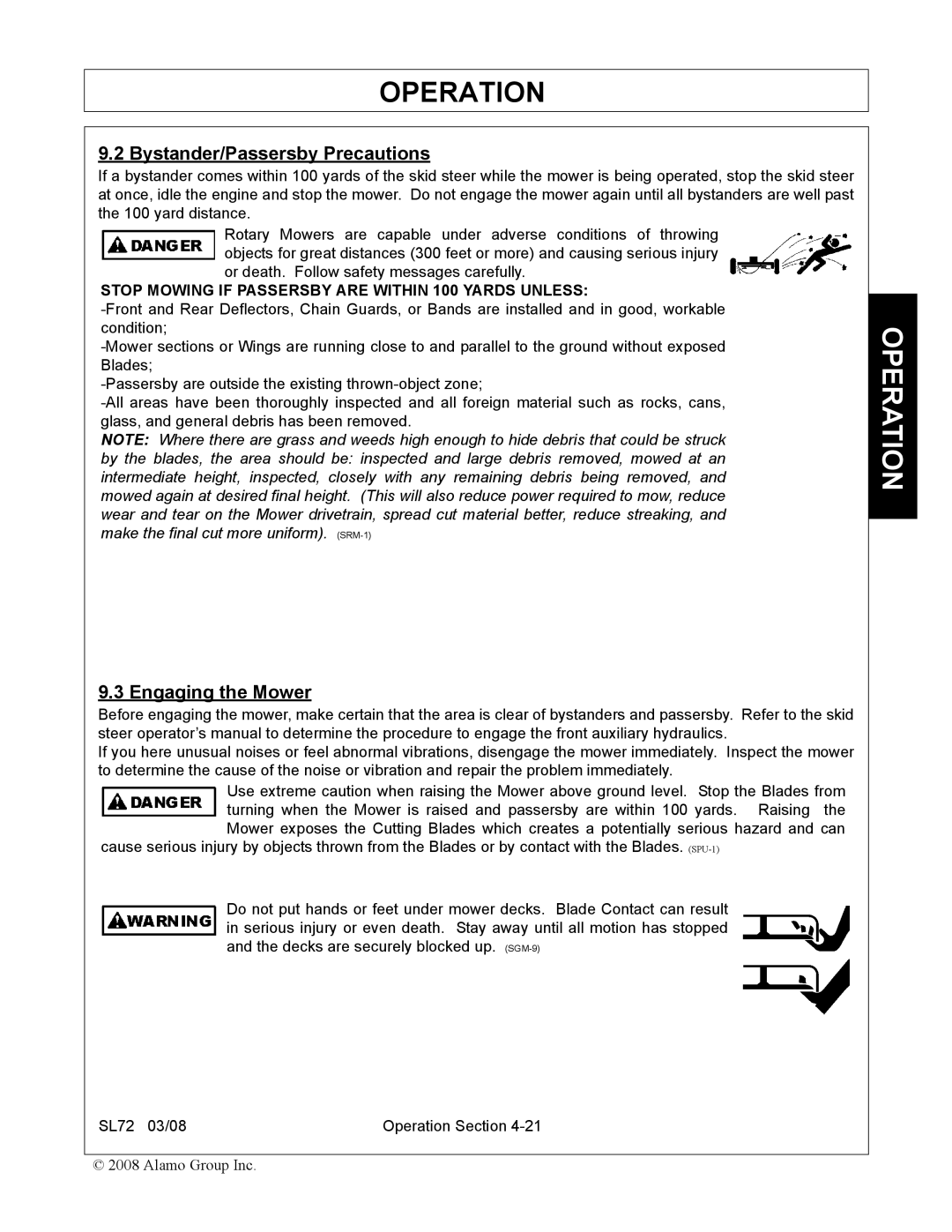 Alamo SL72 manual Bystander/Passersby Precautions, Engaging the Mower 