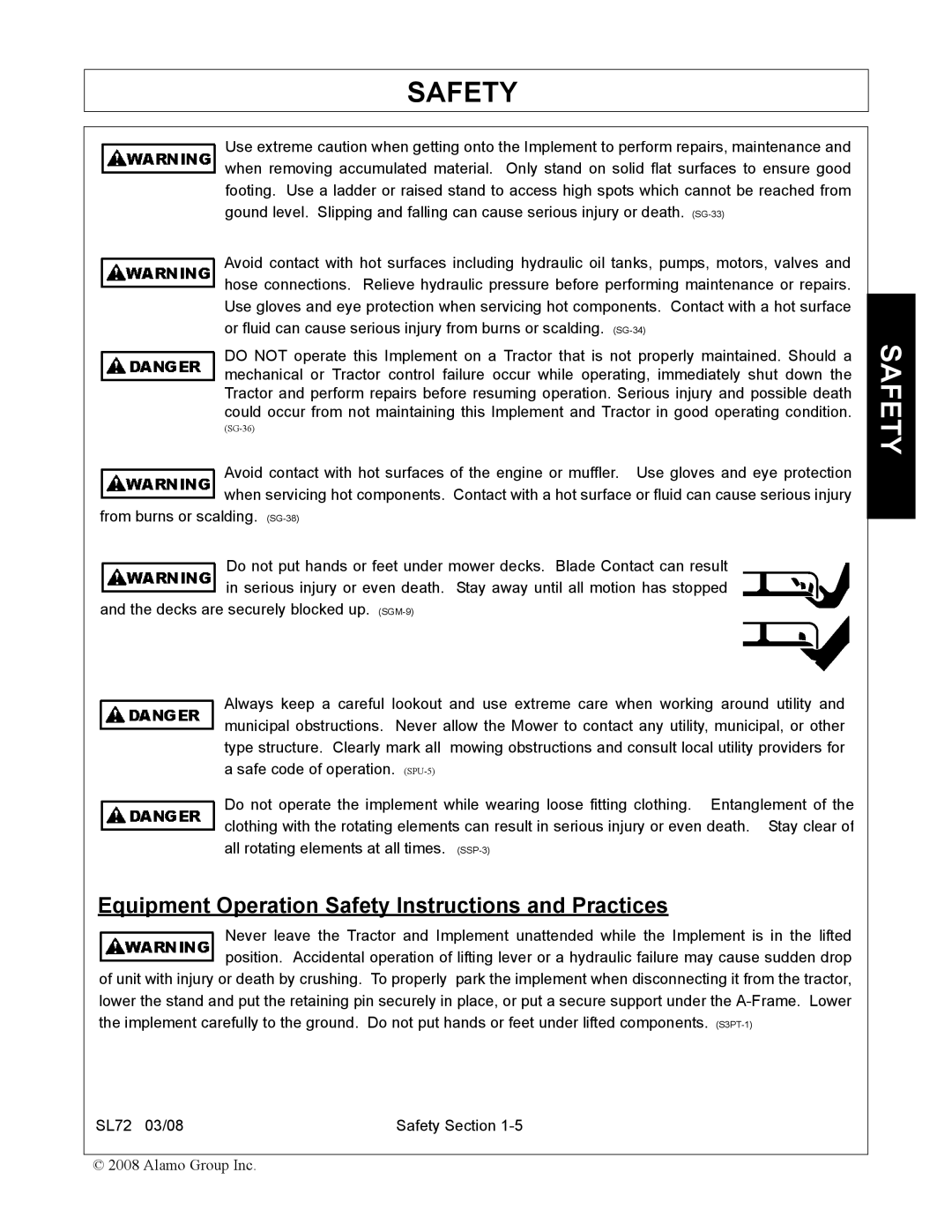 Alamo SL72 manual Equipment Operation Safety Instructions and Practices 