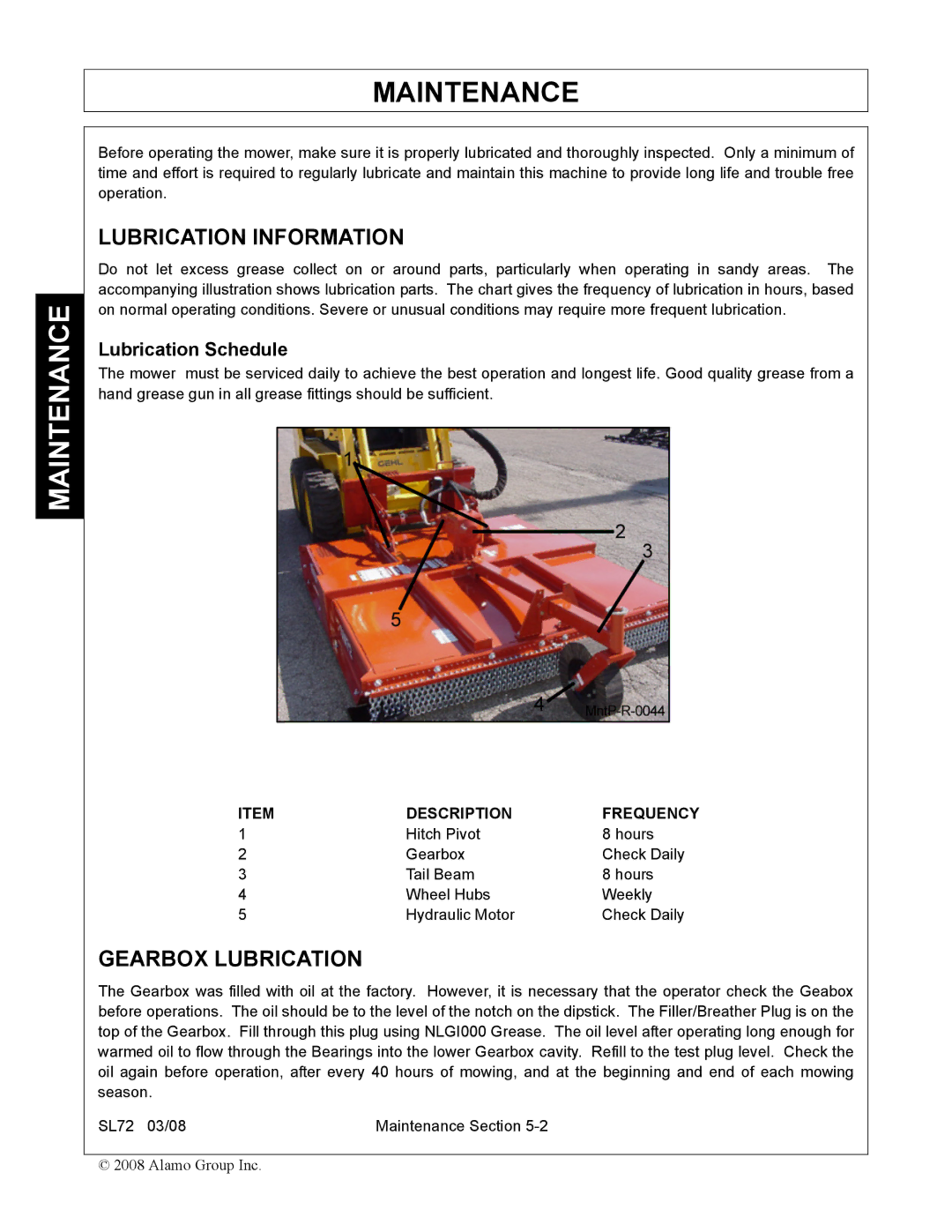 Alamo SL72 manual Lubrication Information, Gearbox Lubrication, Lubrication Schedule 