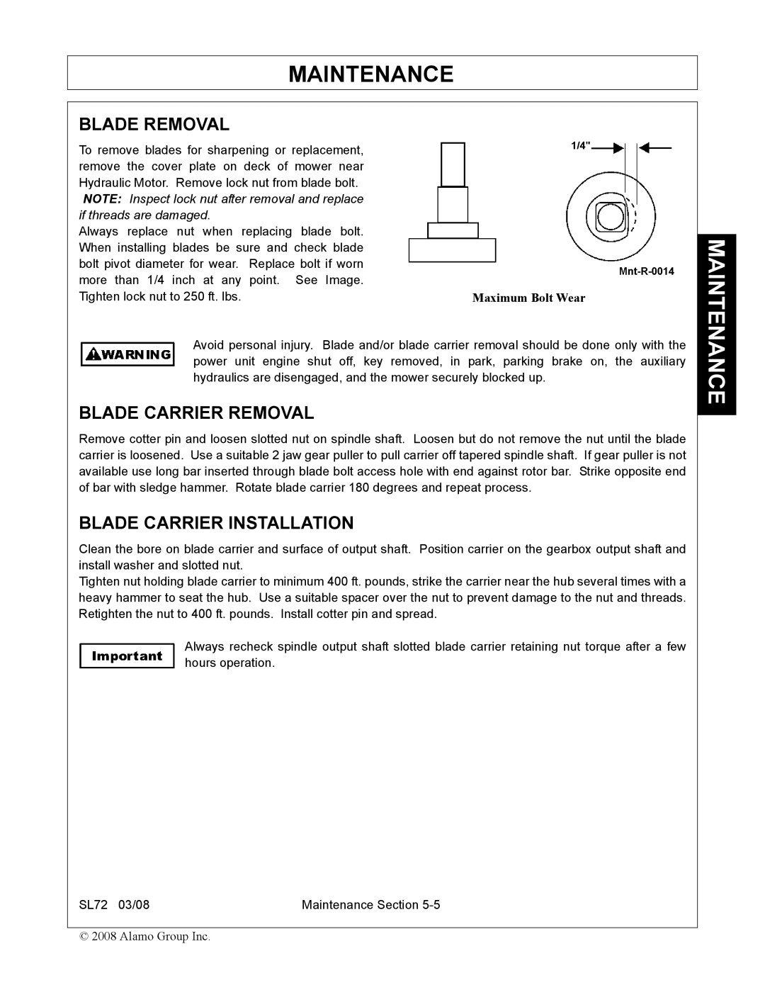 Alamo SL72 manual Blade Removal, Blade Carrier Removal, Blade Carrier Installation 