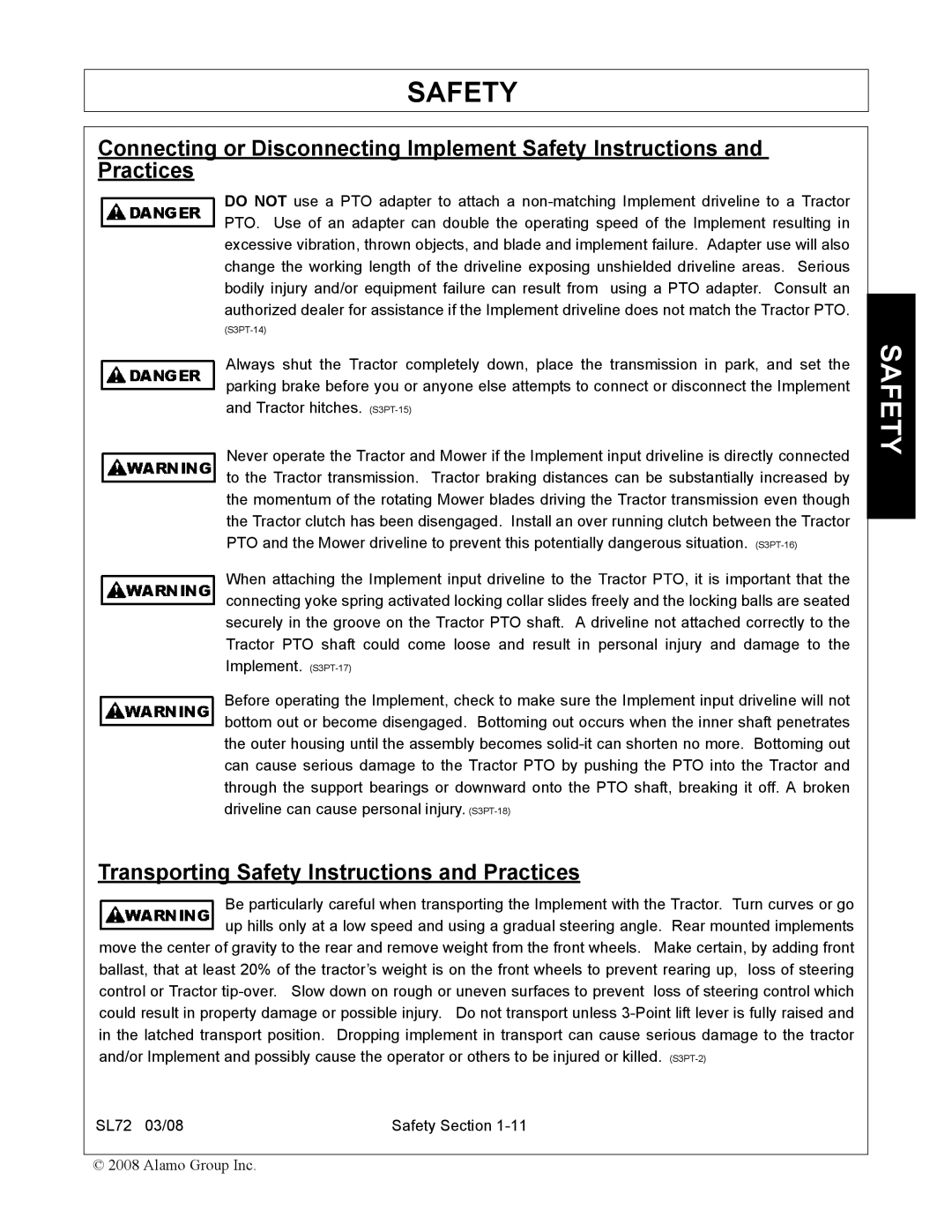 Alamo SL72 manual Transporting Safety Instructions and Practices 