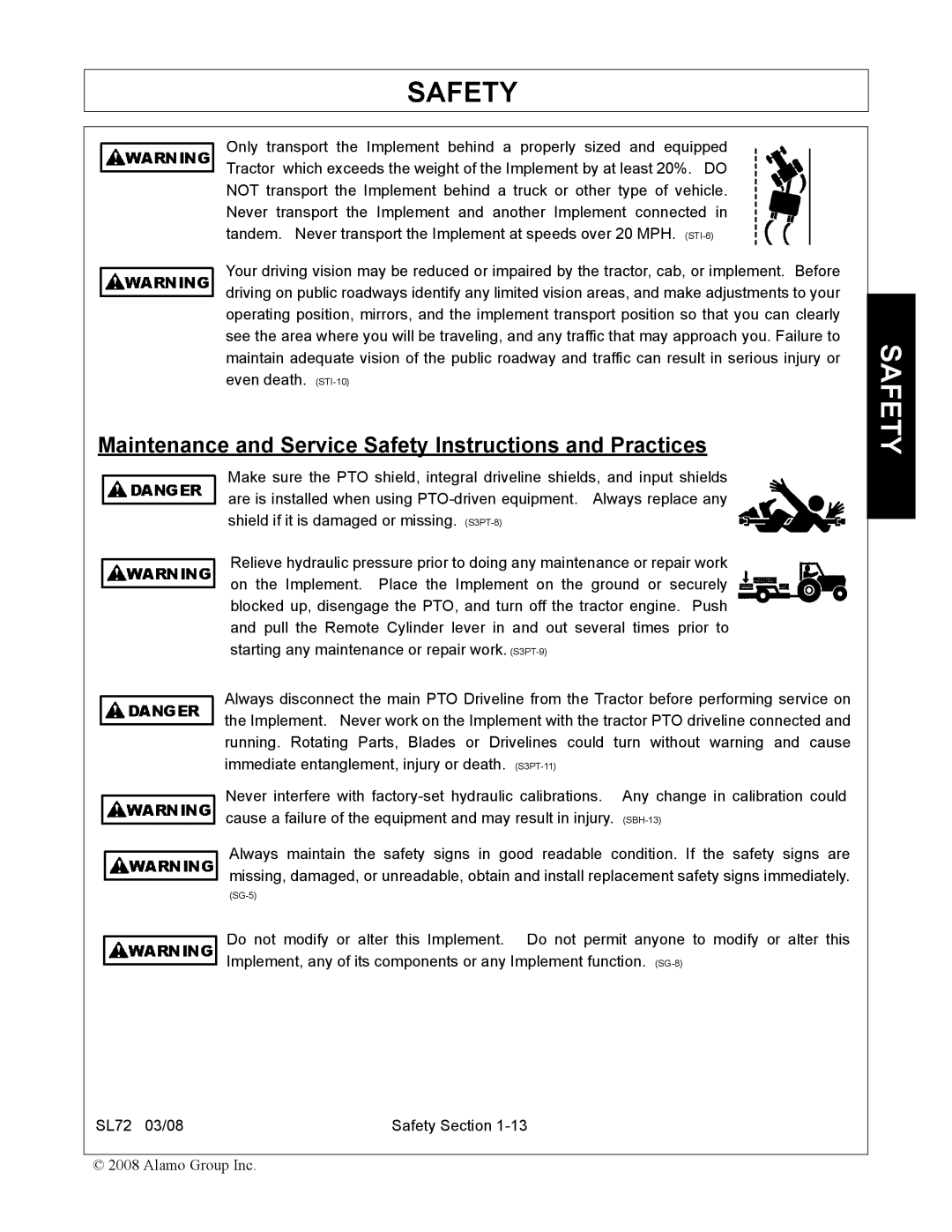 Alamo SL72 manual Maintenance and Service Safety Instructions and Practices 