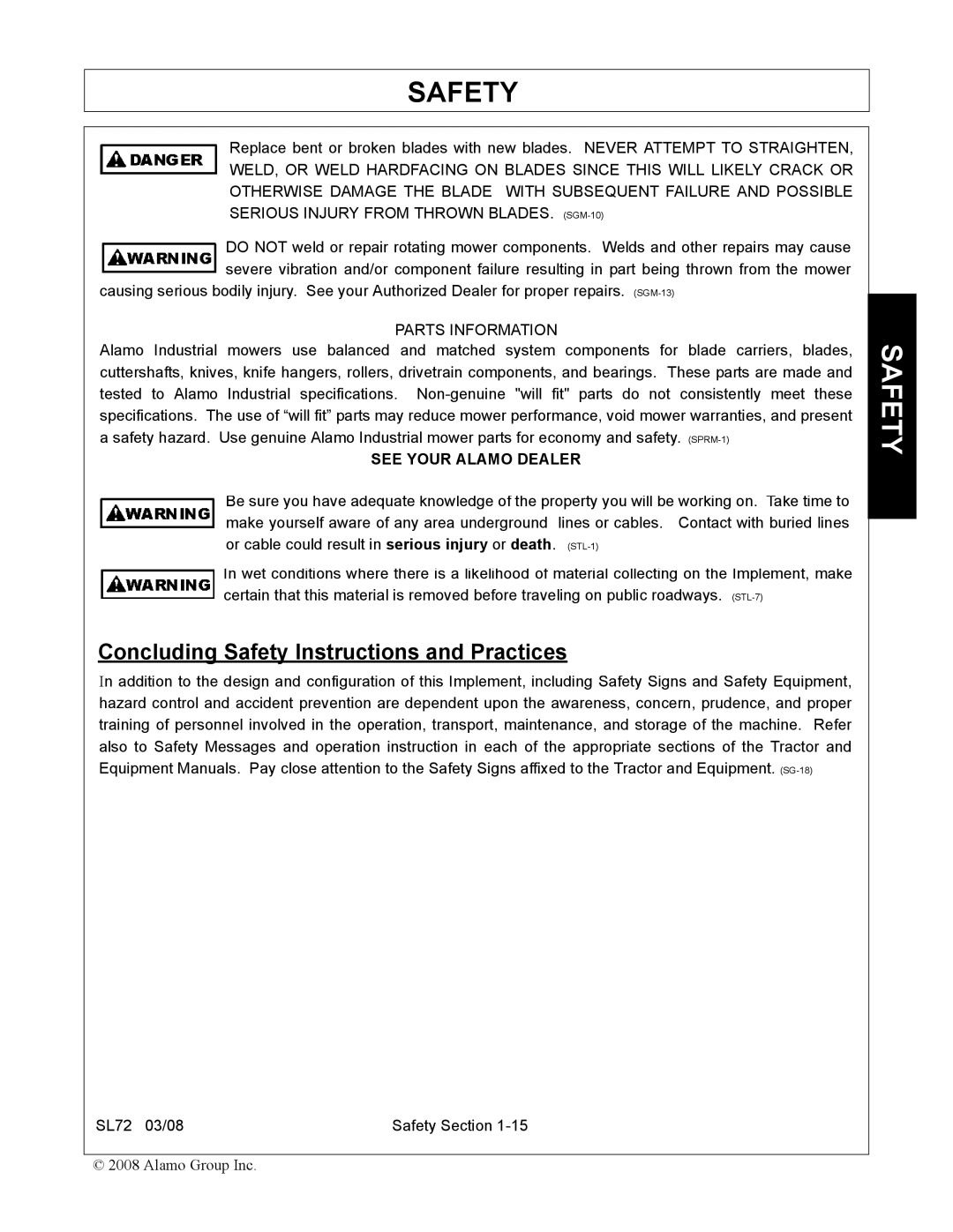 Alamo SL72 manual Concluding Safety Instructions and Practices 