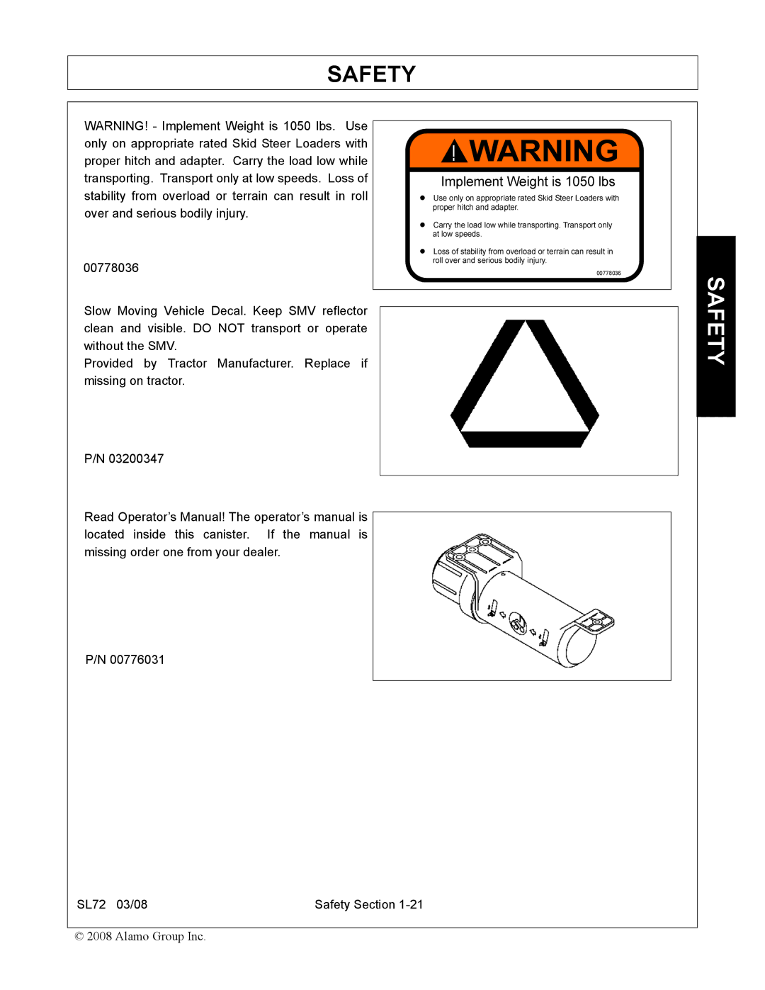 Alamo SL72 manual Safety 