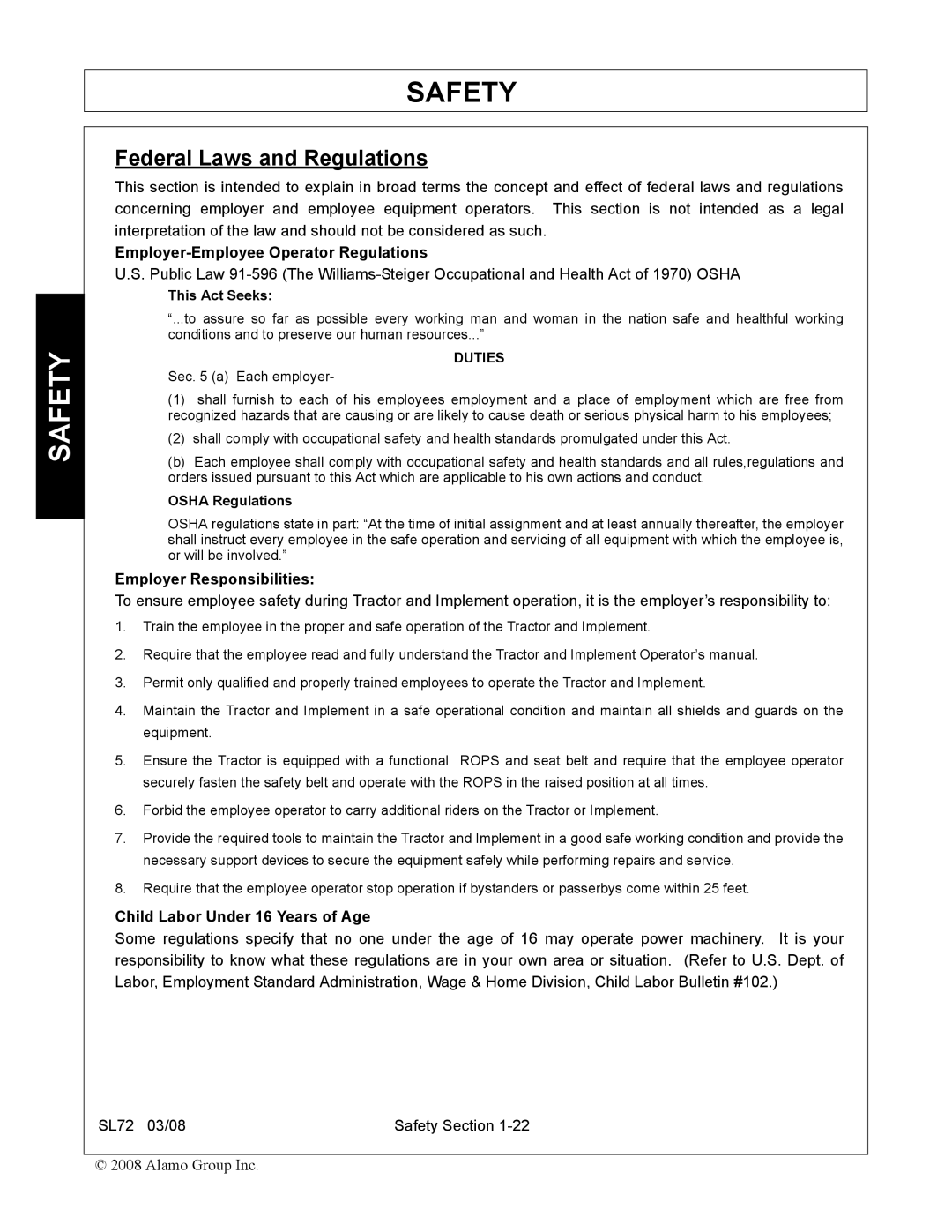 Alamo SL72 manual Federal Laws and Regulations 