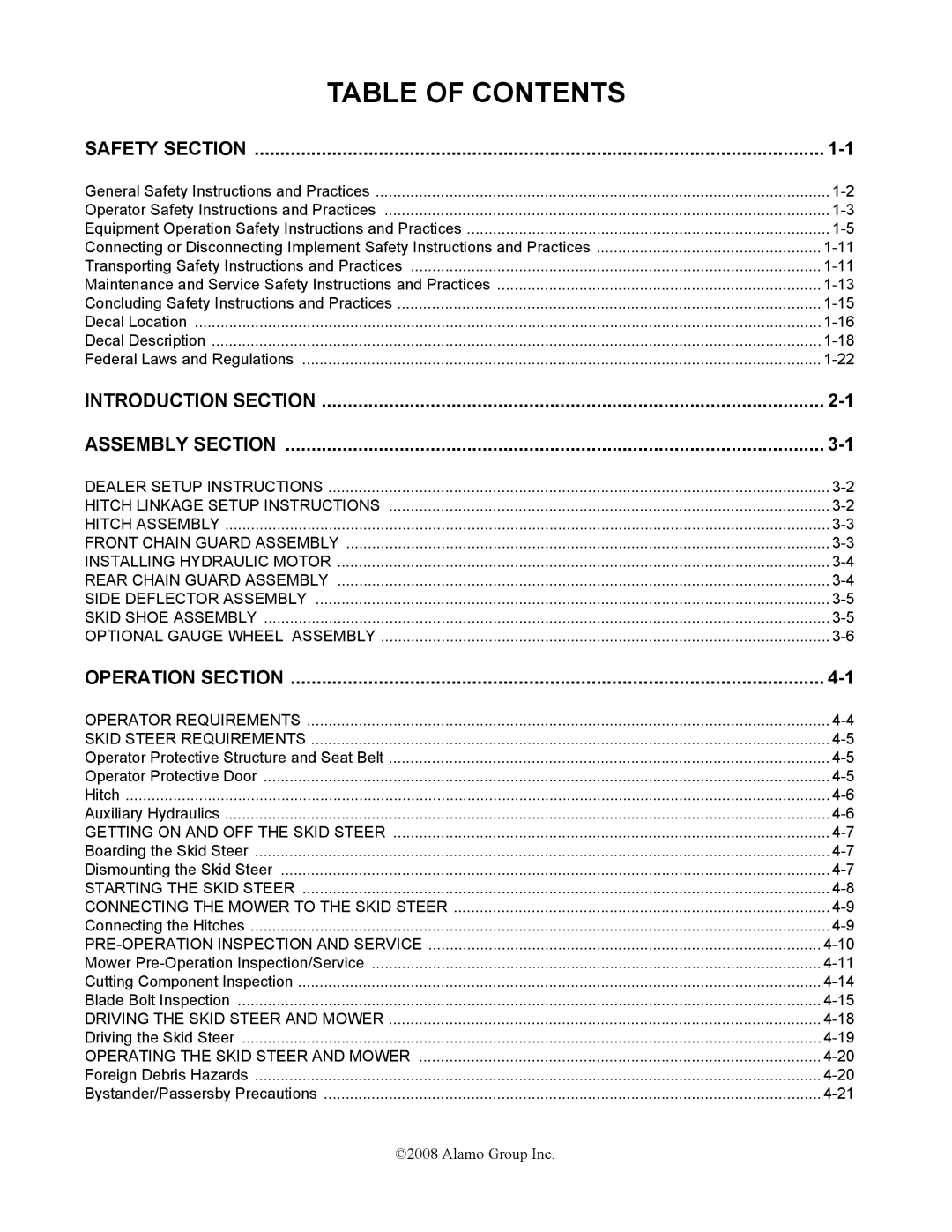 Alamo SL72 manual Table of Contents 