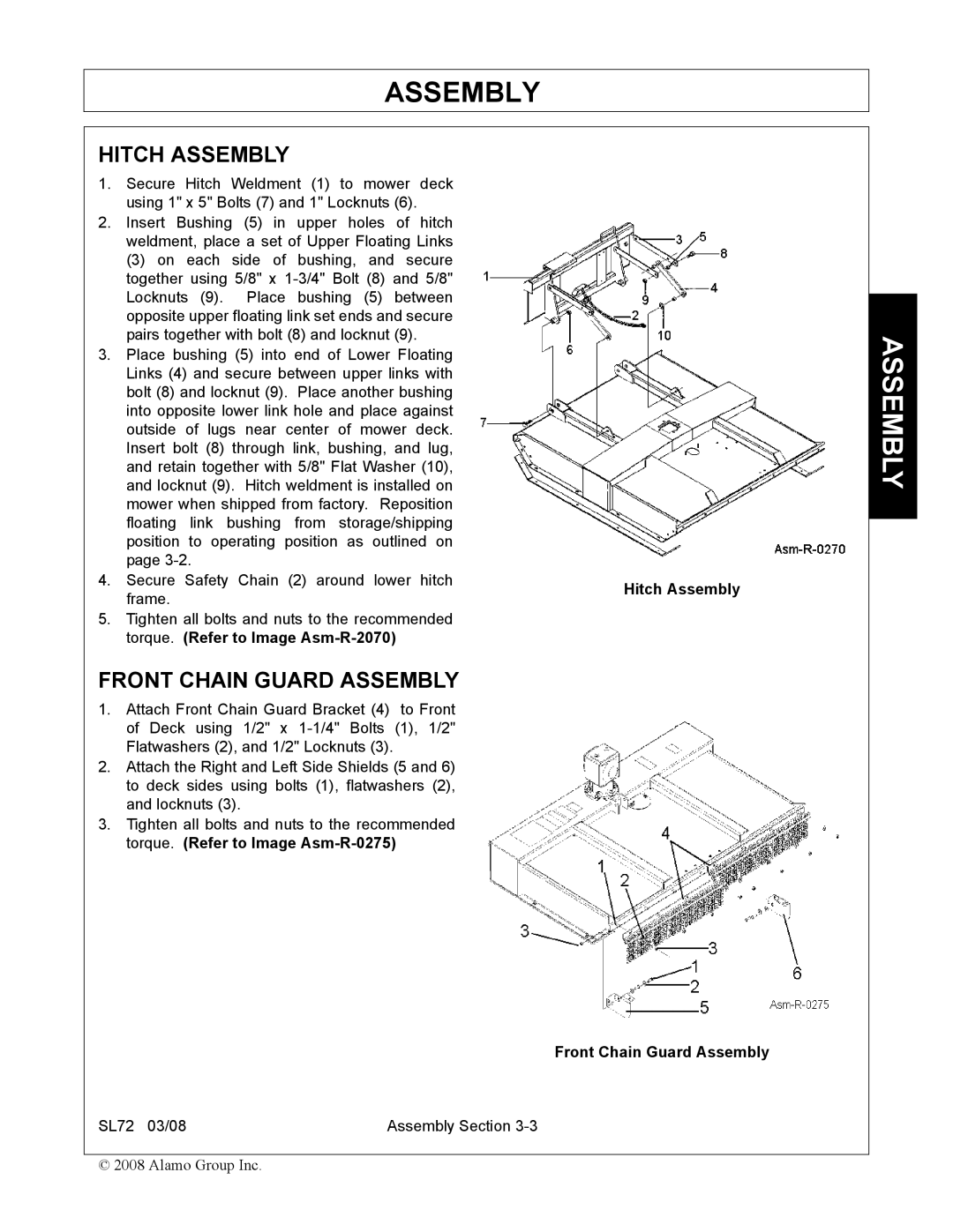 Alamo SL72 manual Hitch Assembly, Front Chain Guard Assembly 