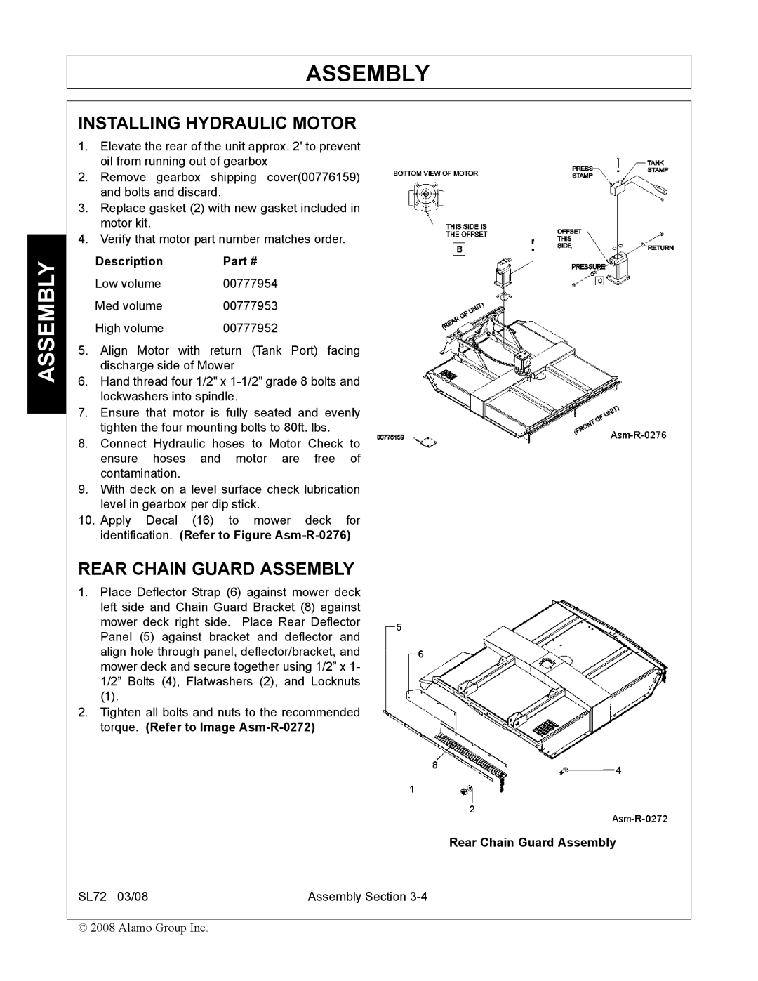 Alamo SL72 manual Installing Hydraulic Motor, Rear Chain Guard Assembly 