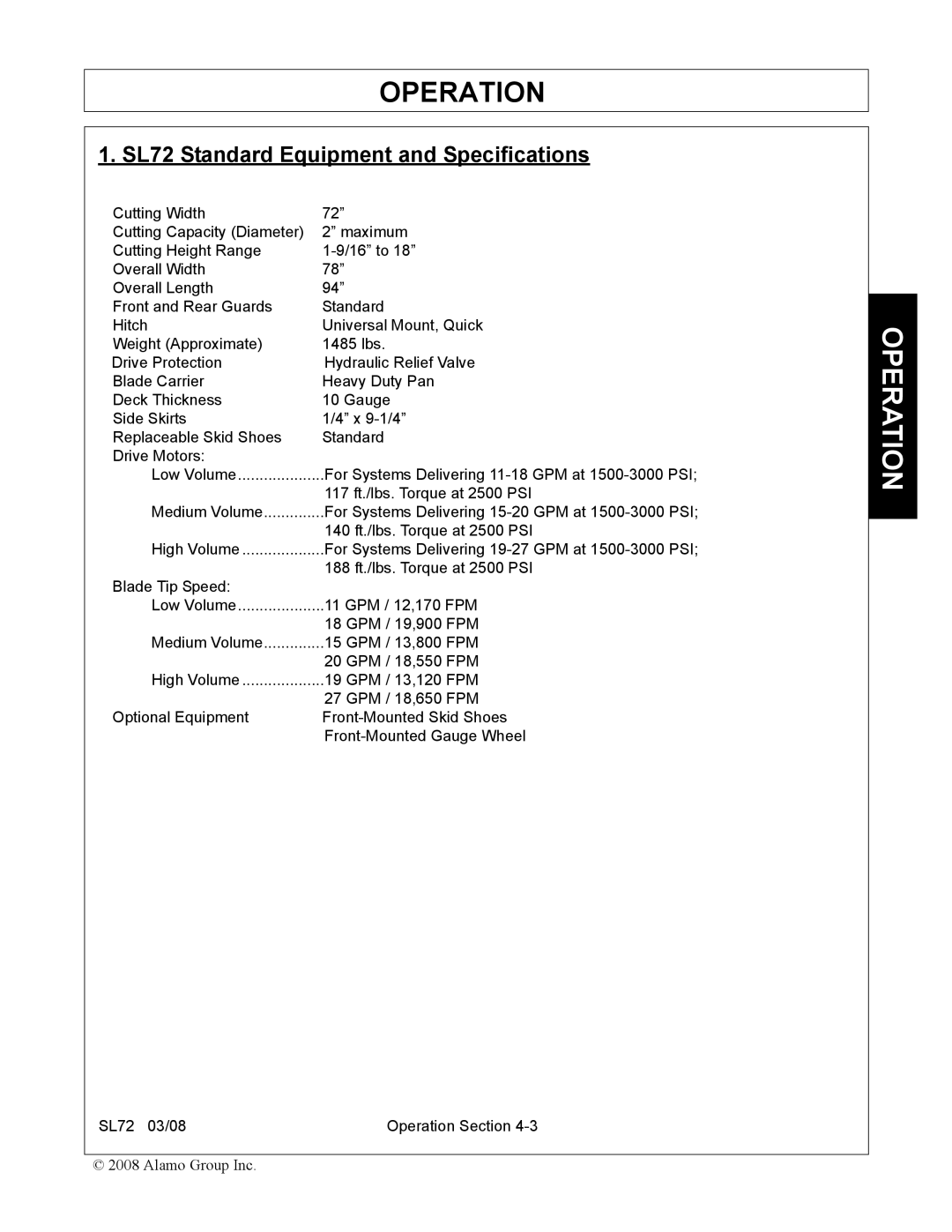 Alamo manual SL72 Standard Equipment and Specifications 