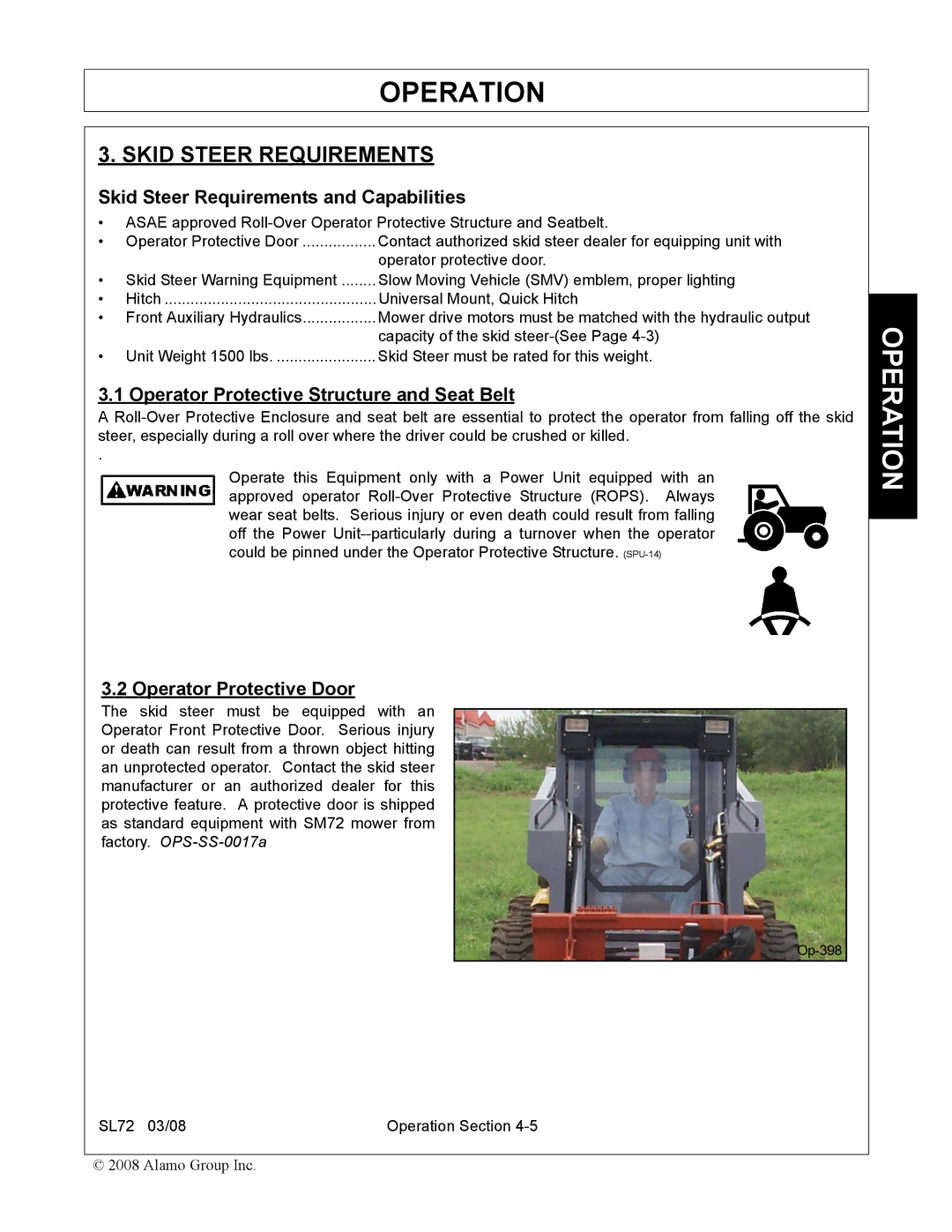 Alamo SL72 manual Skid Steer Requirements and Capabilities, Operator Protective Structure and Seat Belt 